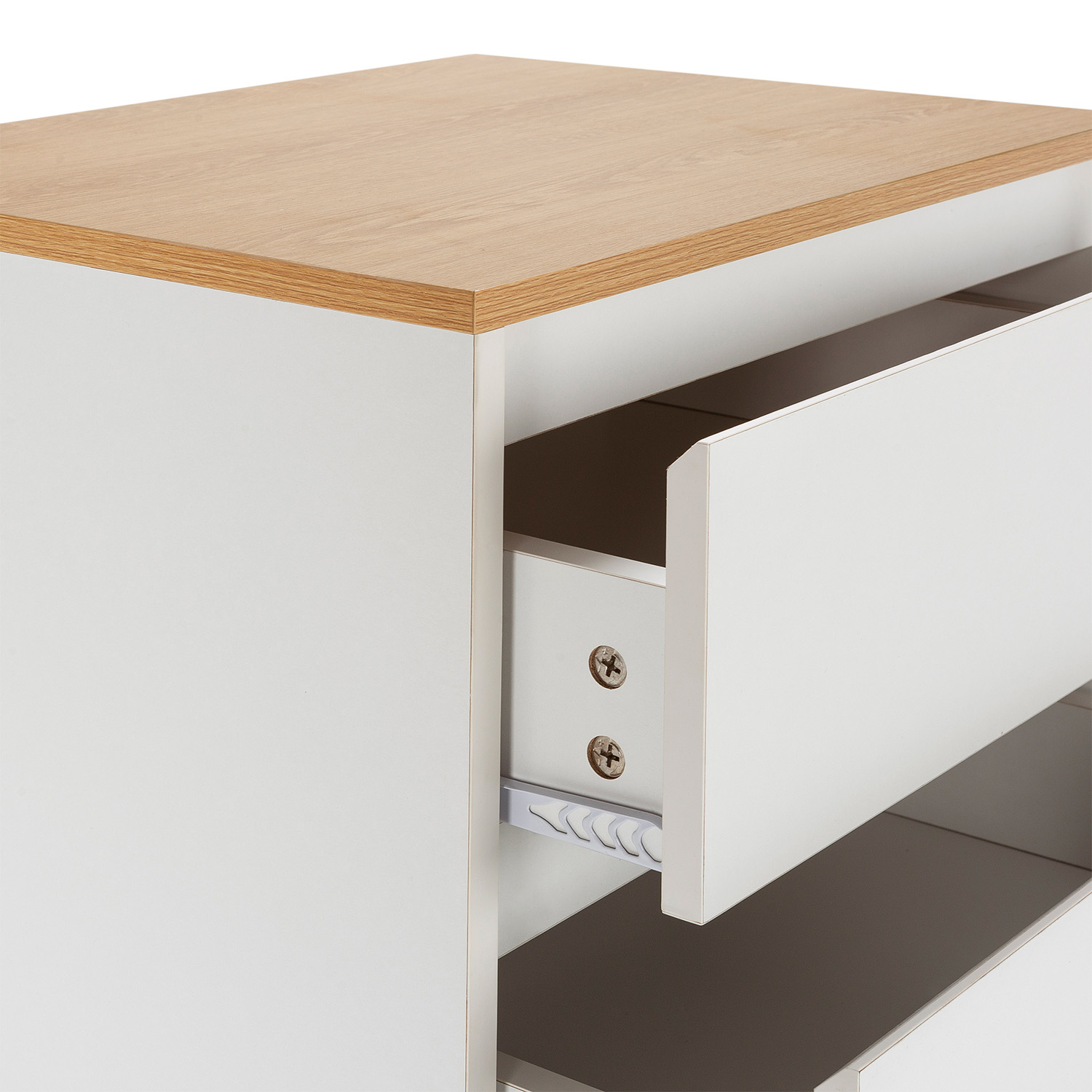 Un gabinete blanco con tapa de madera clara. Un cajón está parcialmente abierto, mostrando tornillos.
