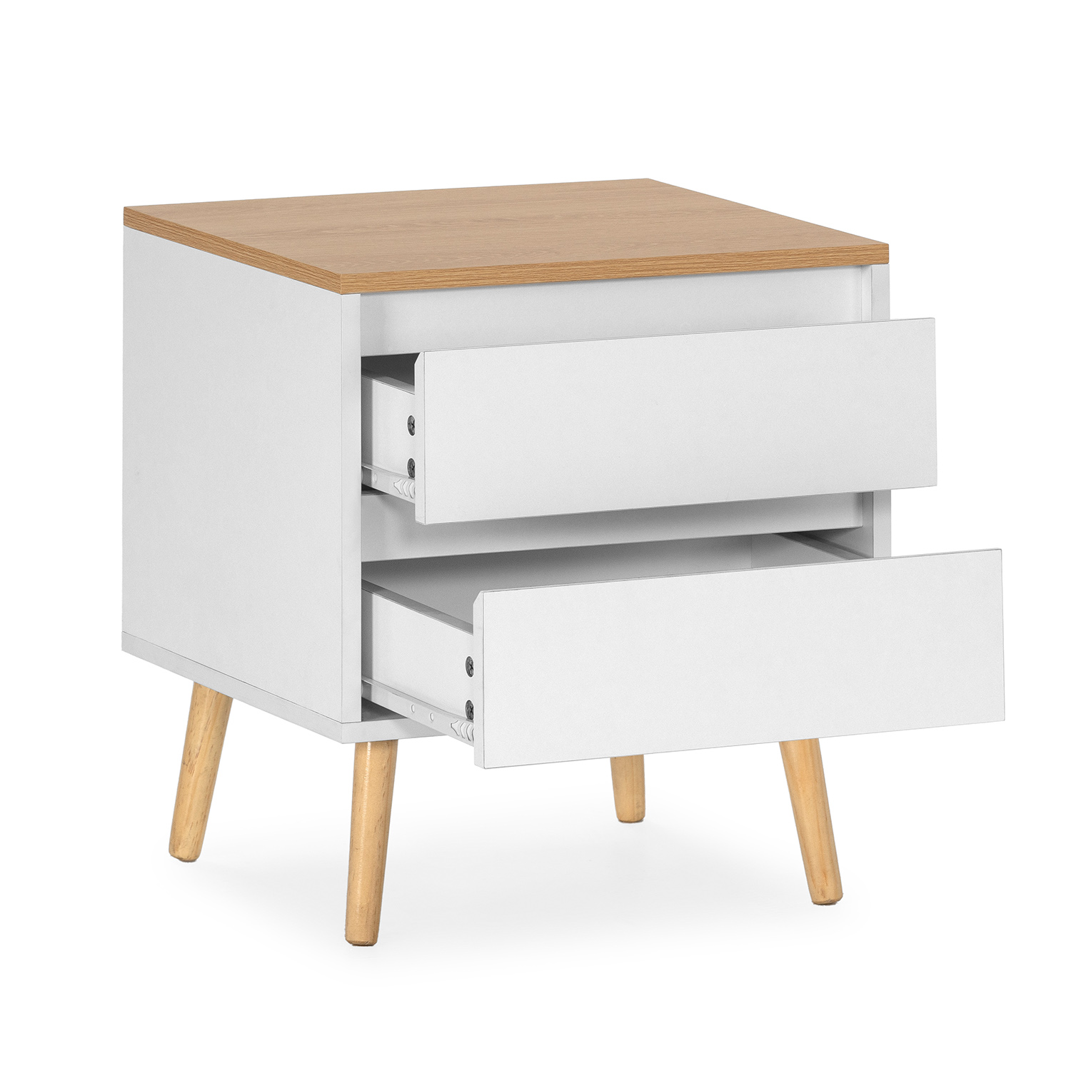 Mesita de noche blanca con tapa de madera y dos cajones, sobre cuatro patas de madera.