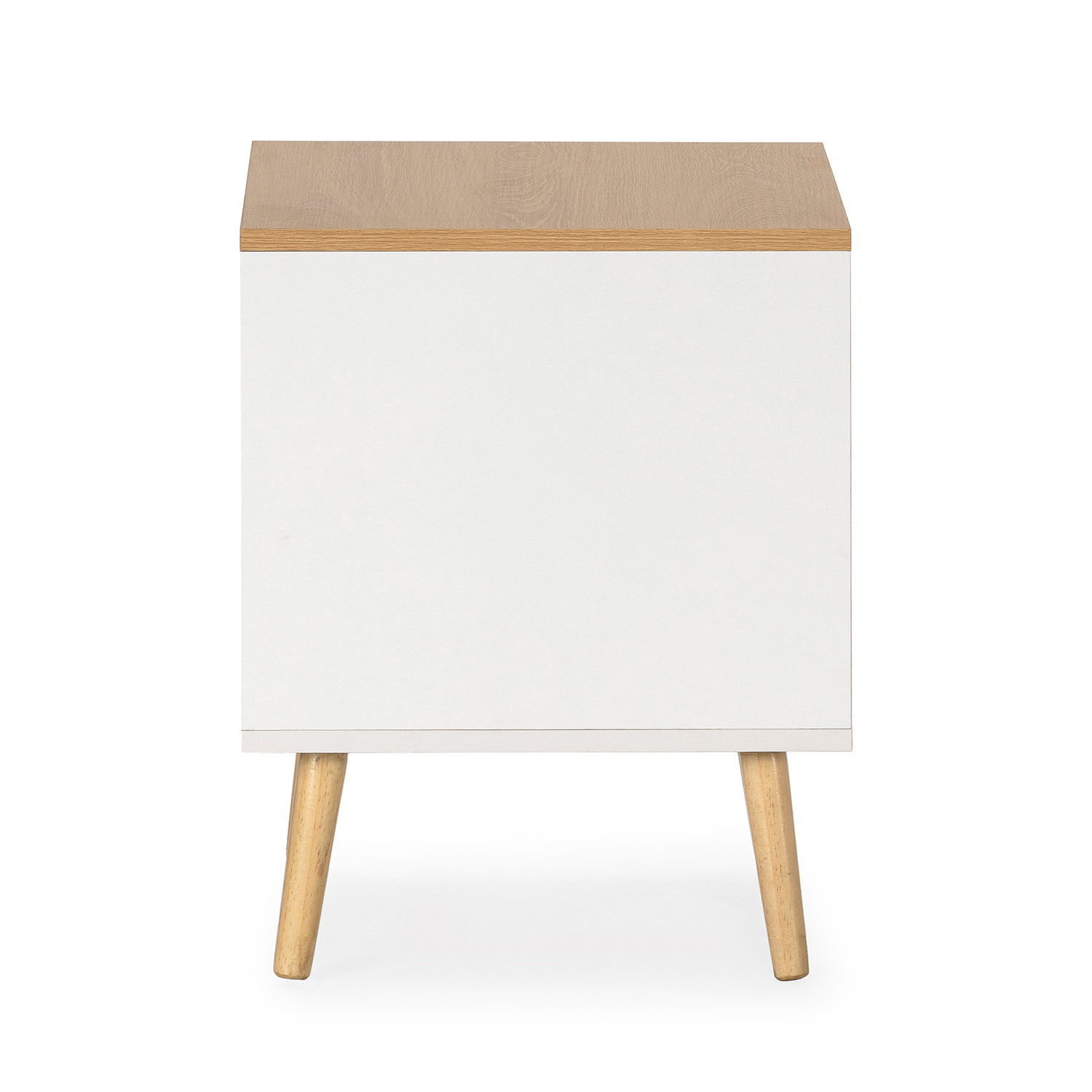 Mueble blanco con tapa de madera y tres patas de madera.