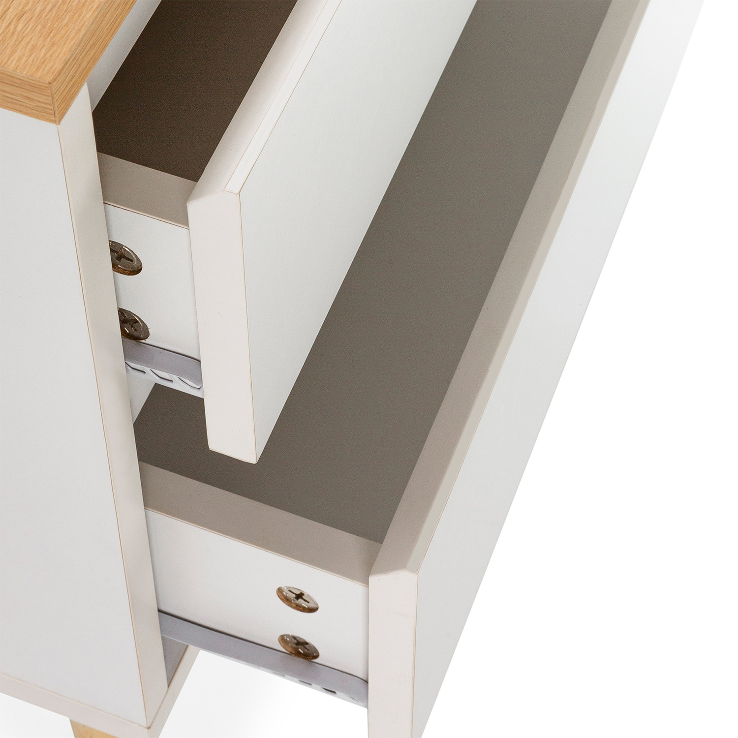 Un mueble blanco con dos cajones abiertos, borde de madera arriba.