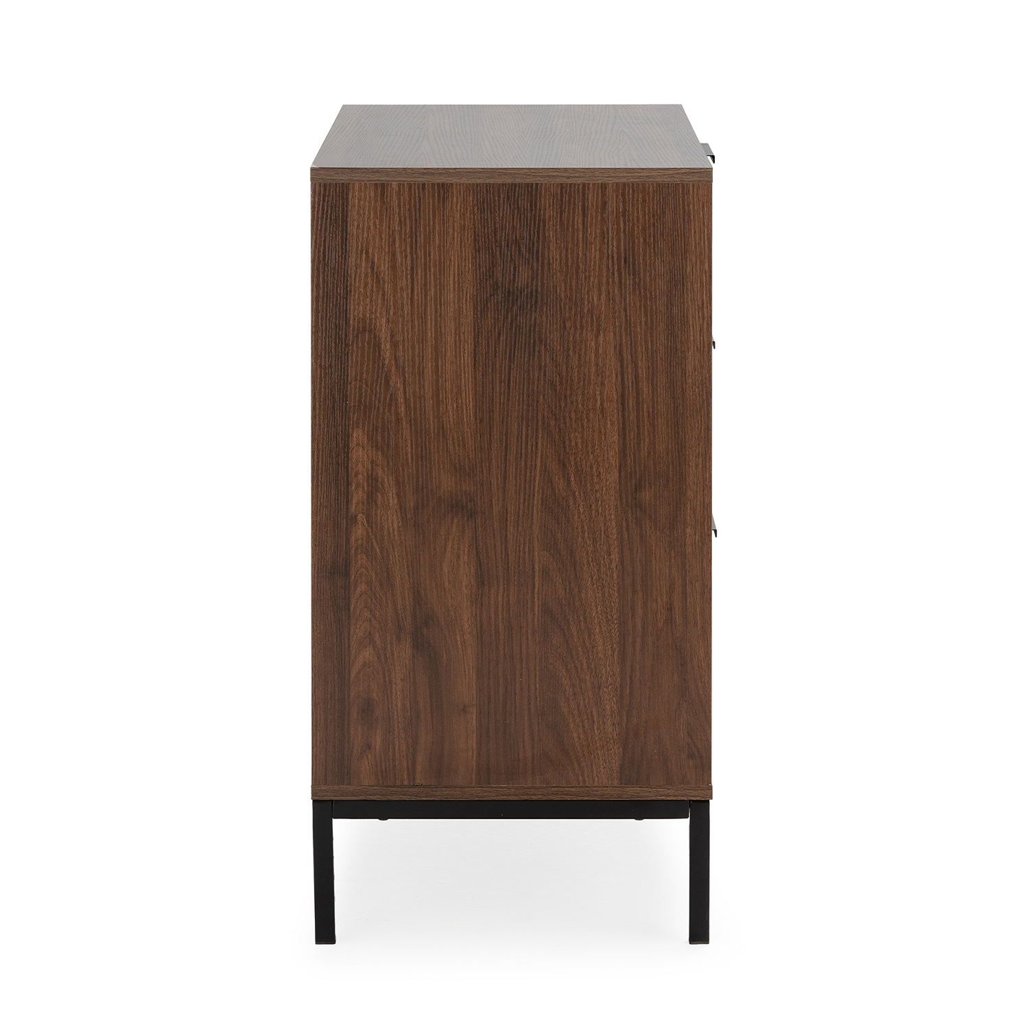 Cómoda de madera oscura sobre marco de metal negro, vista lateral.