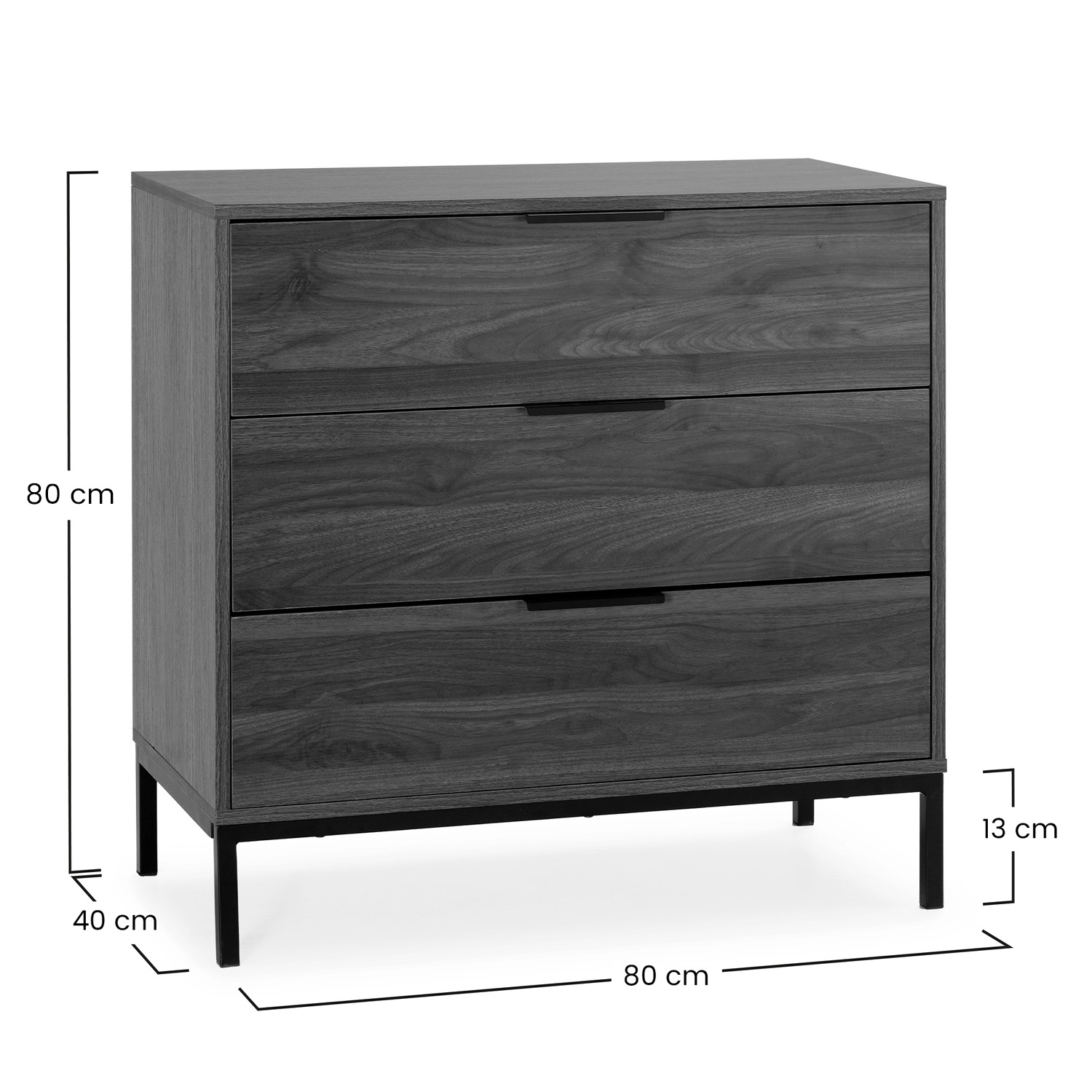 Una cómoda sencilla de madera oscura con tres cajones y patas de metal negro.