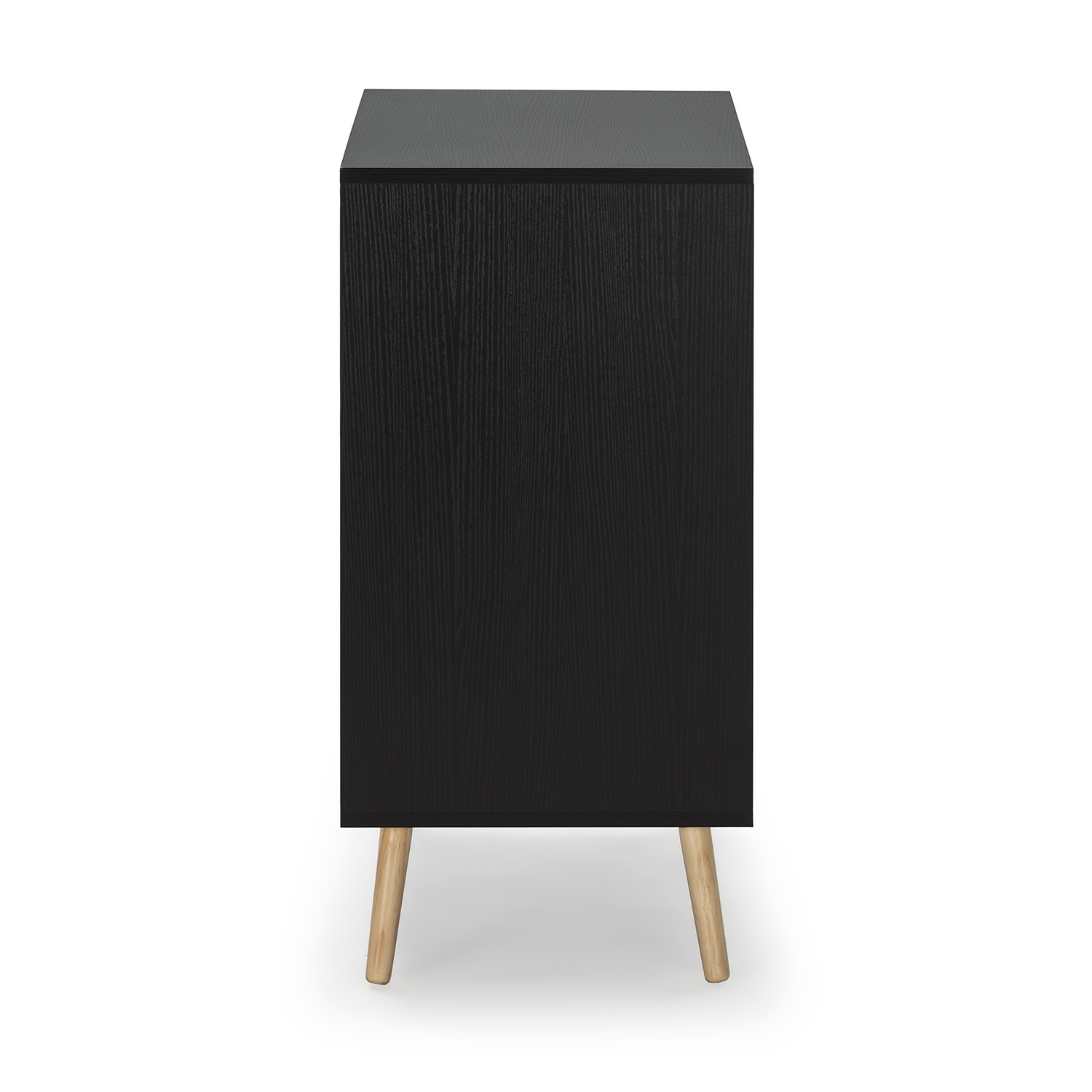 Una mesita de noche negra con veta de madera y tres patas de madera.