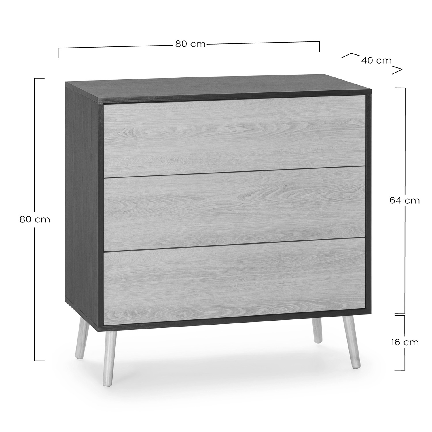 Un tocador gris con tres cajones de madera clara y patas cónicas. Dimensiones mostradas.