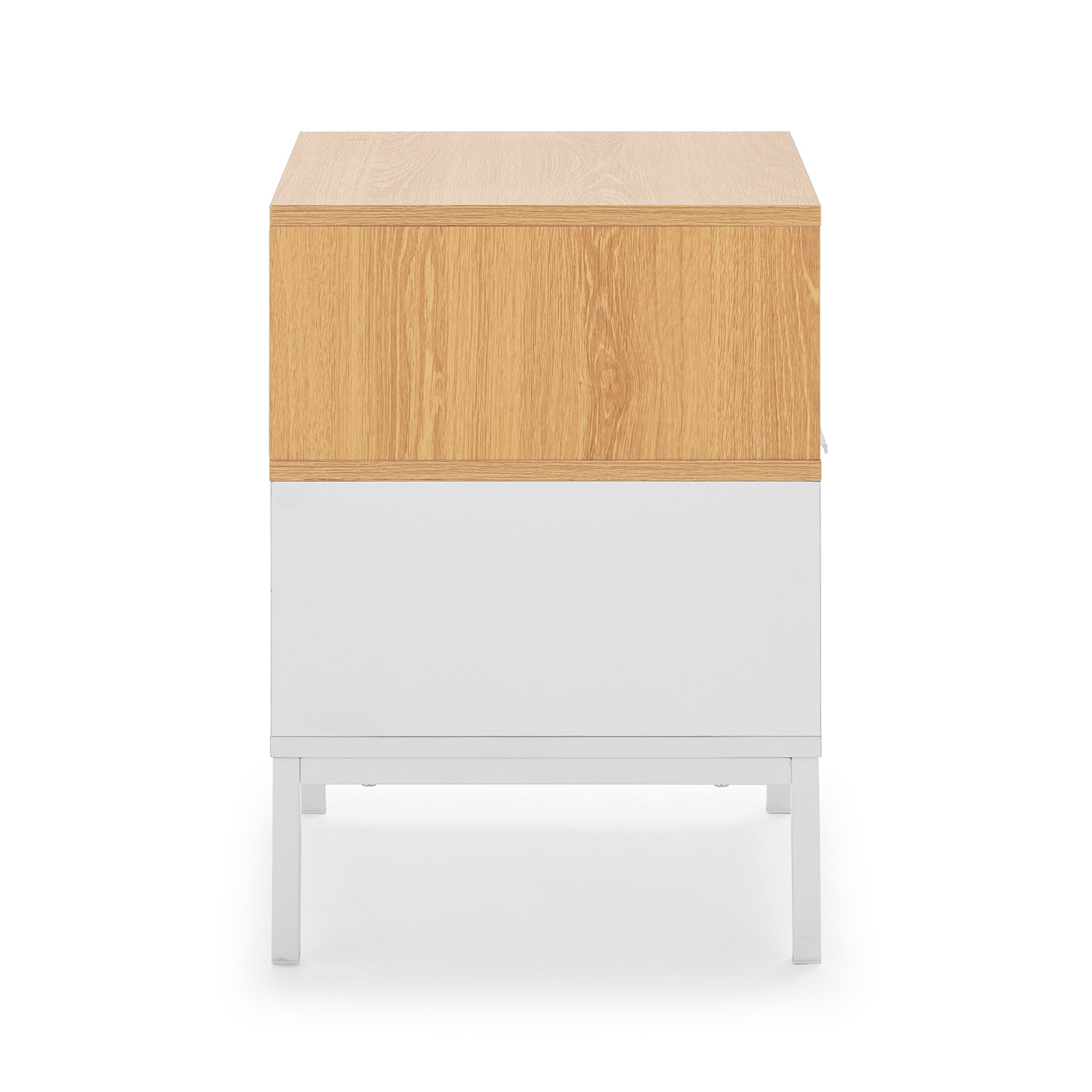 Una mesita de noche blanca con frente de madera y patas metálicas.