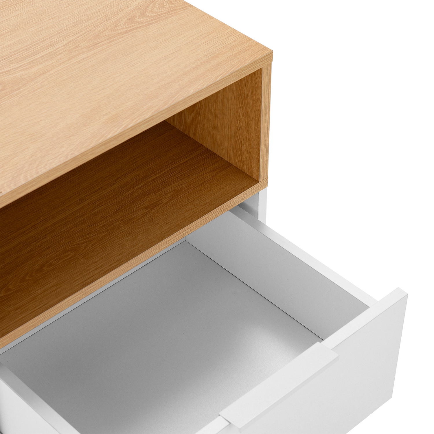 Mueble de cajón blanco abierto con superficie de madera.