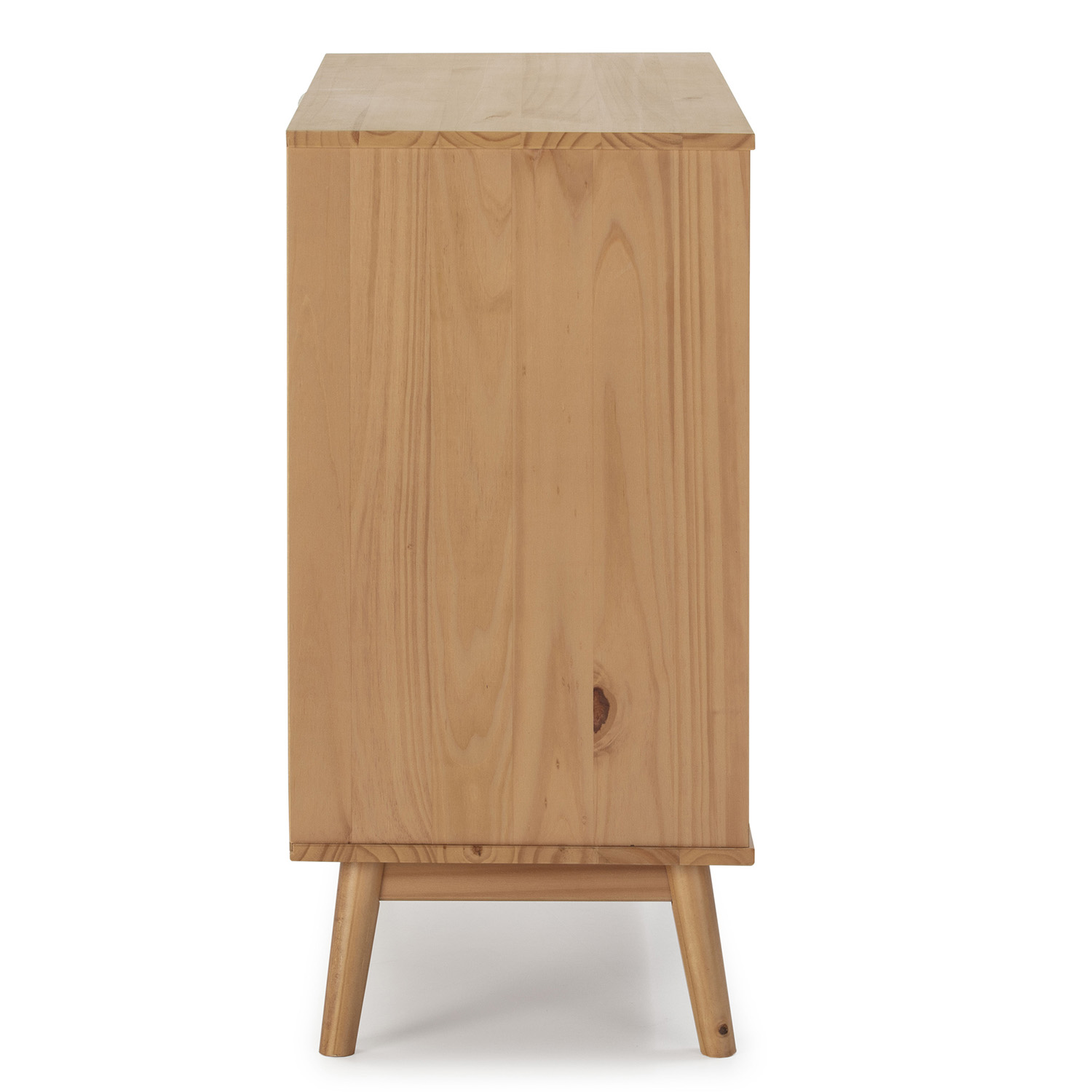 Cómoda de madera de lado, con cuatro patas y veta de madera.