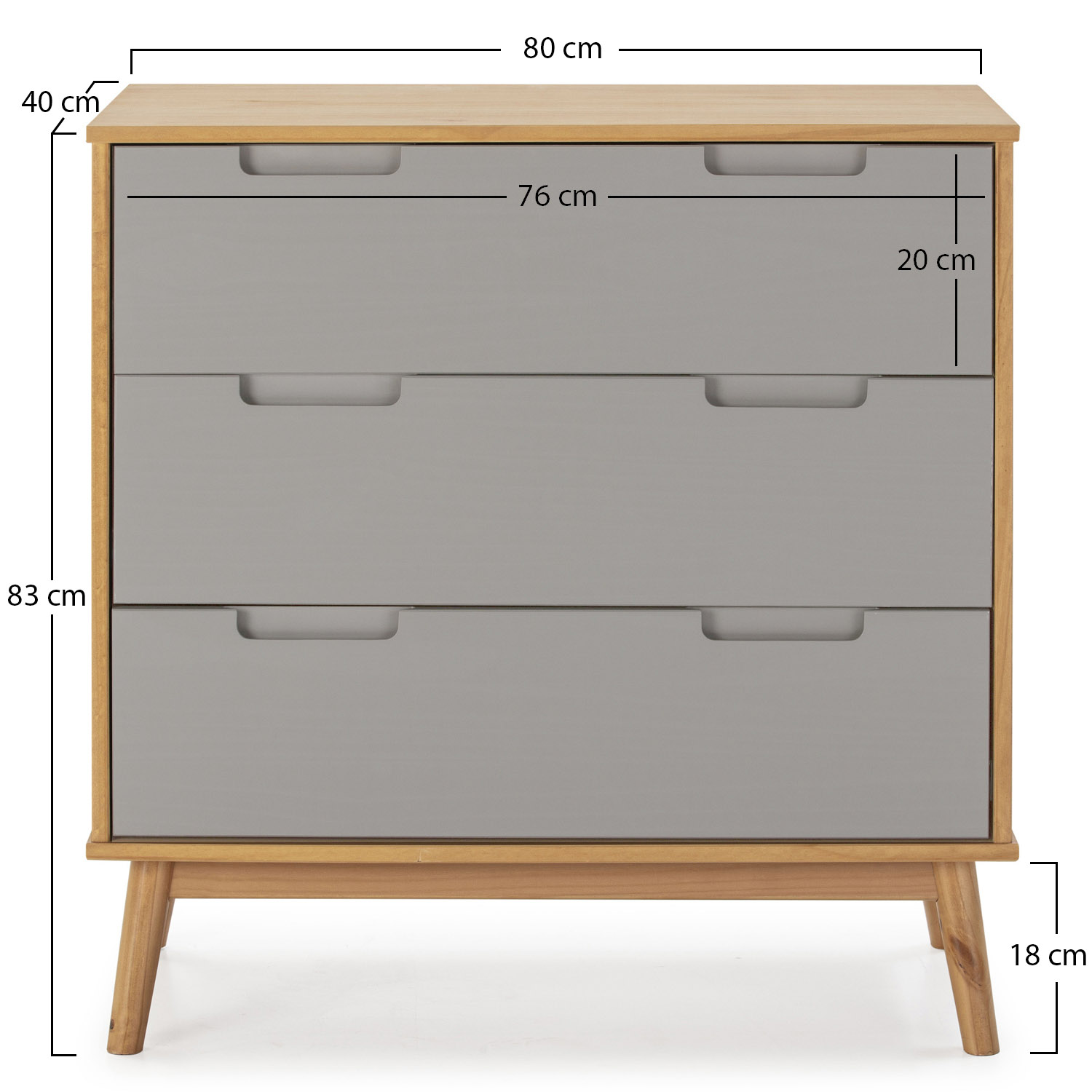 Cómoda de madera con tres cajones grises y tiradores. Dimensiones mostradas.