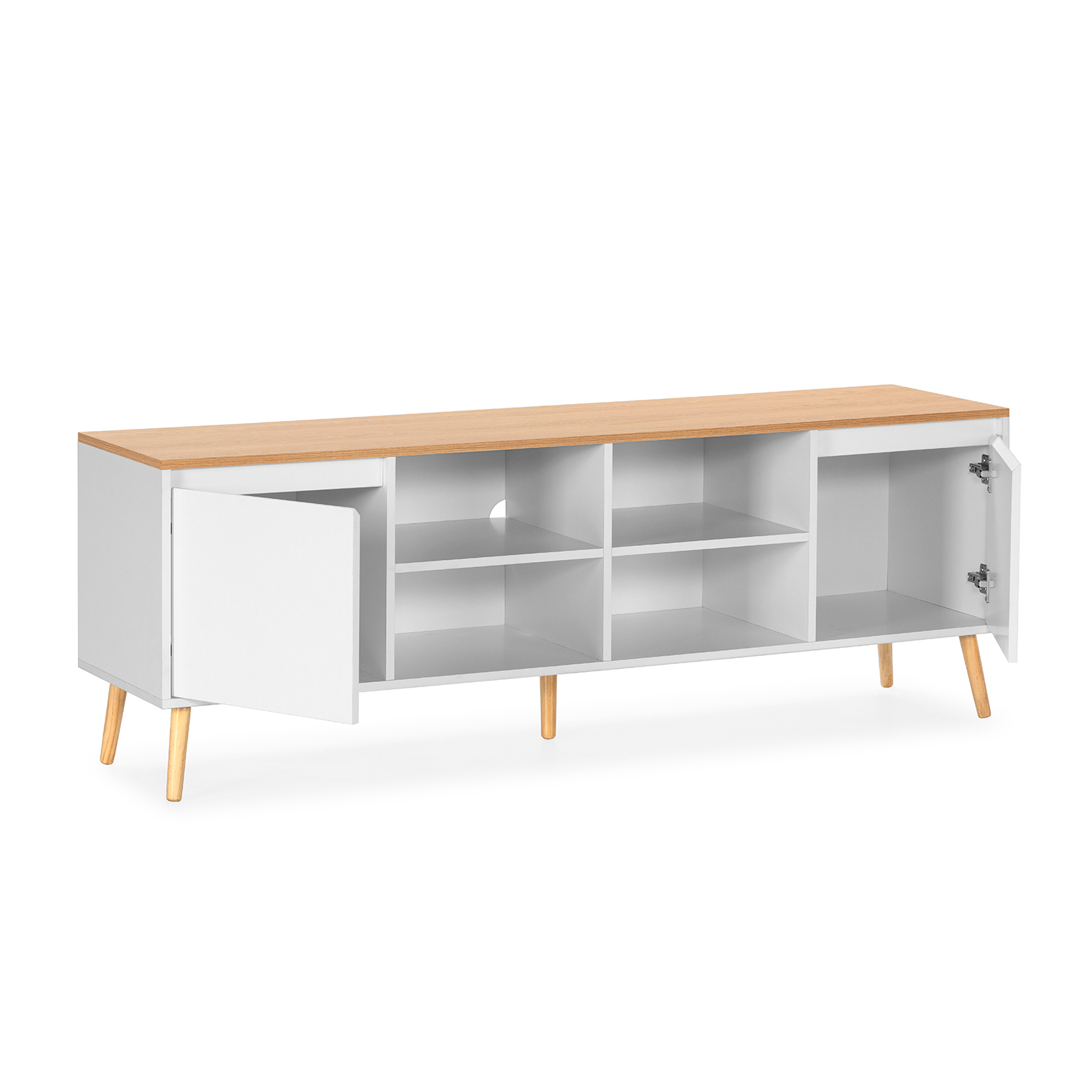 Un mueble blanco con tapa de madera y cuatro patas de madera. Una puerta está abierta.