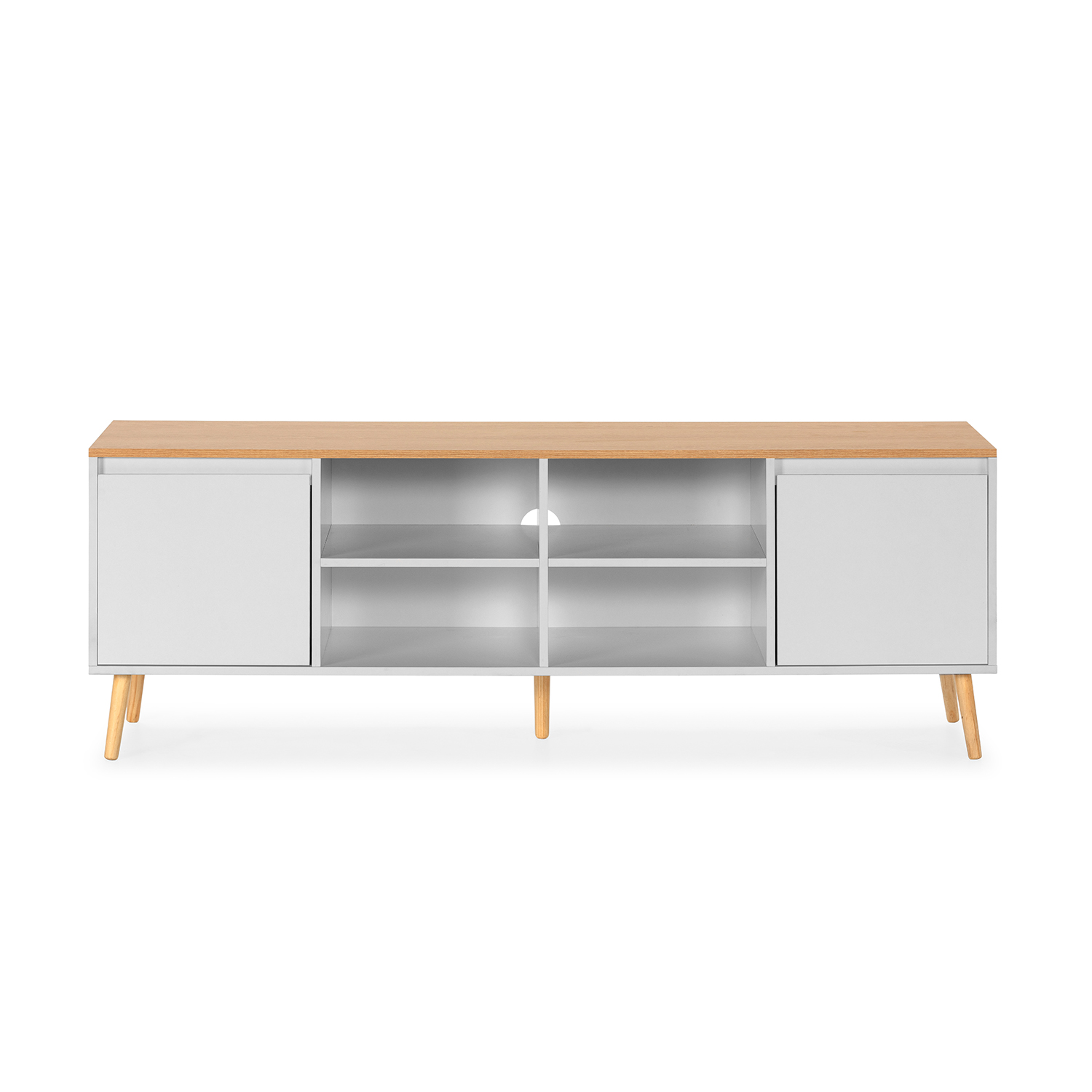 Mueble de TV blanco moderno con tapa de madera, dos puertas y estantes abiertos.