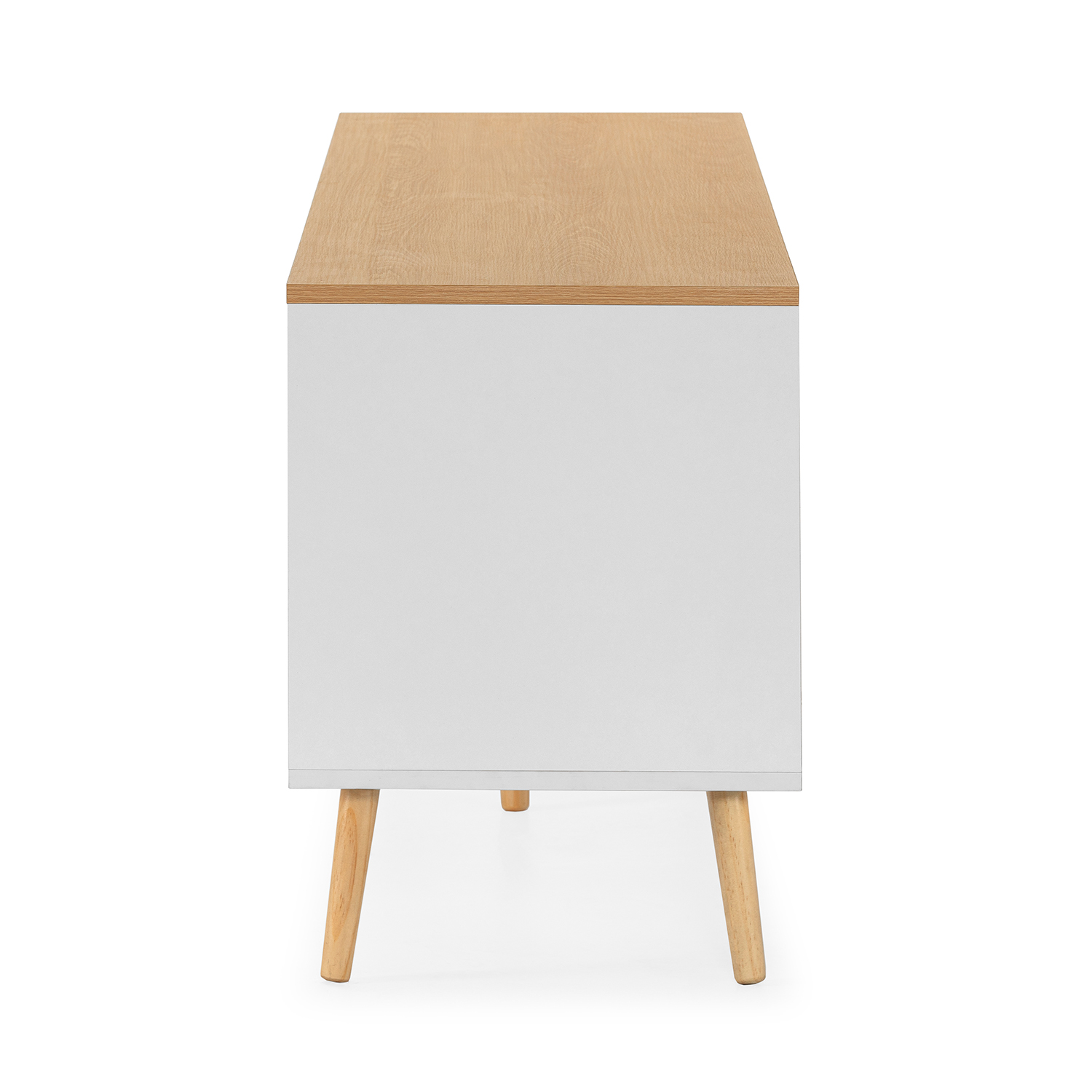 Un mueble blanco con tapa de madera y cuatro patas de madera.