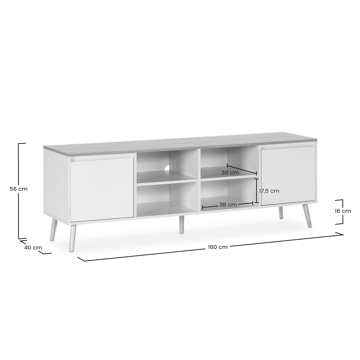 Un mueble de TV blanco con detalles de madera y patas. Se indican las dimensiones.