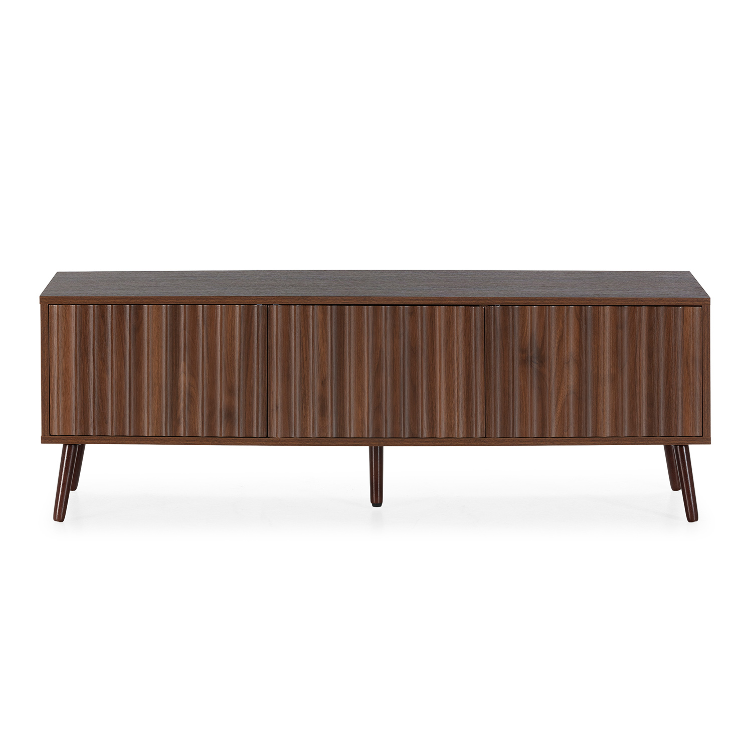 Mueble de madera marrón oscuro con puertas acanaladas y patas anguladas.