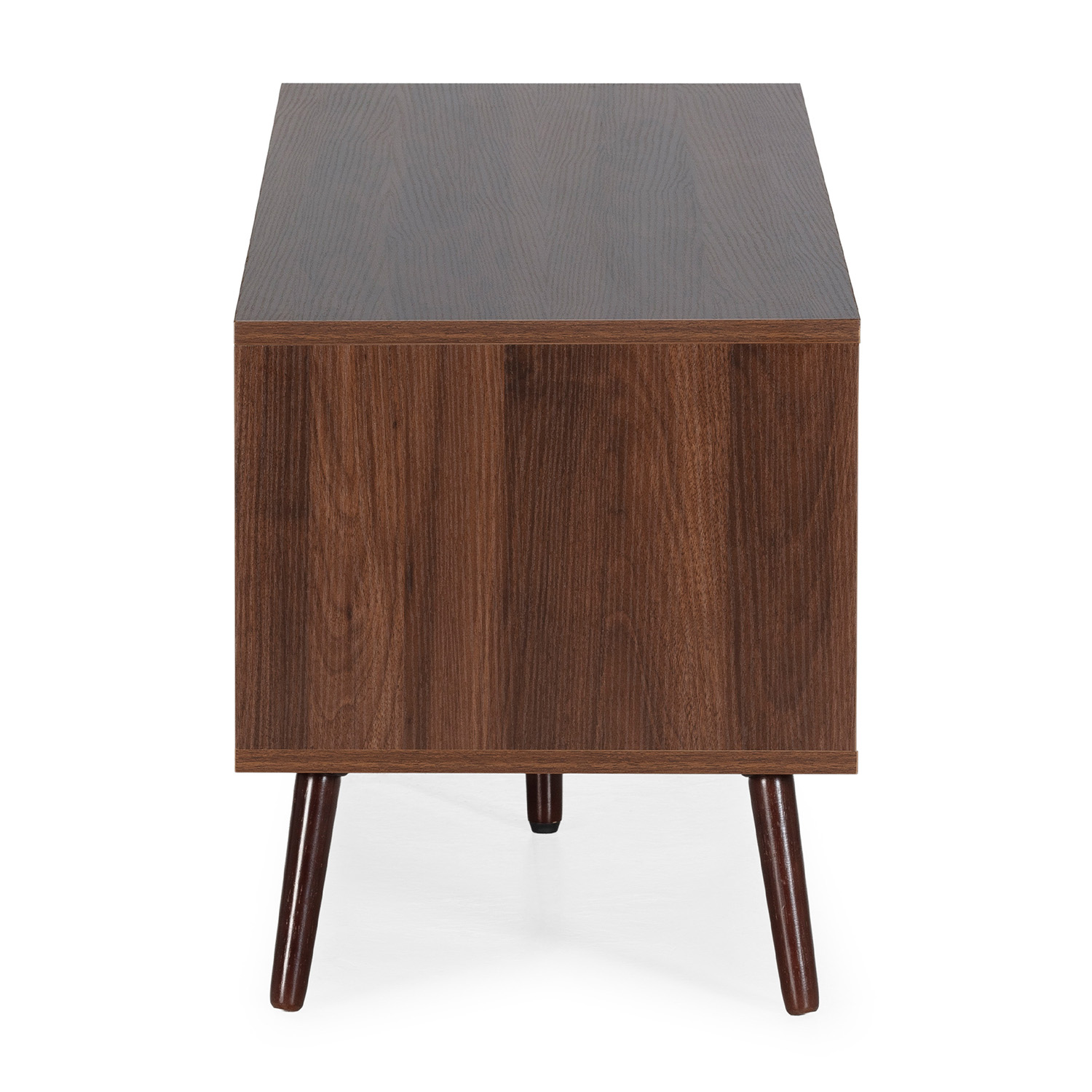 Mueble de madera marrón con cuatro patas anguladas.