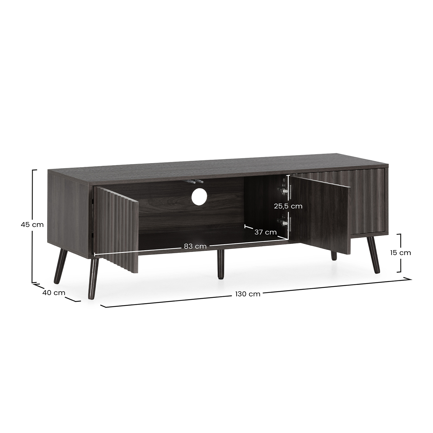 Mueble de TV gris oscuro con cuatro puertas y tiradores dorados.