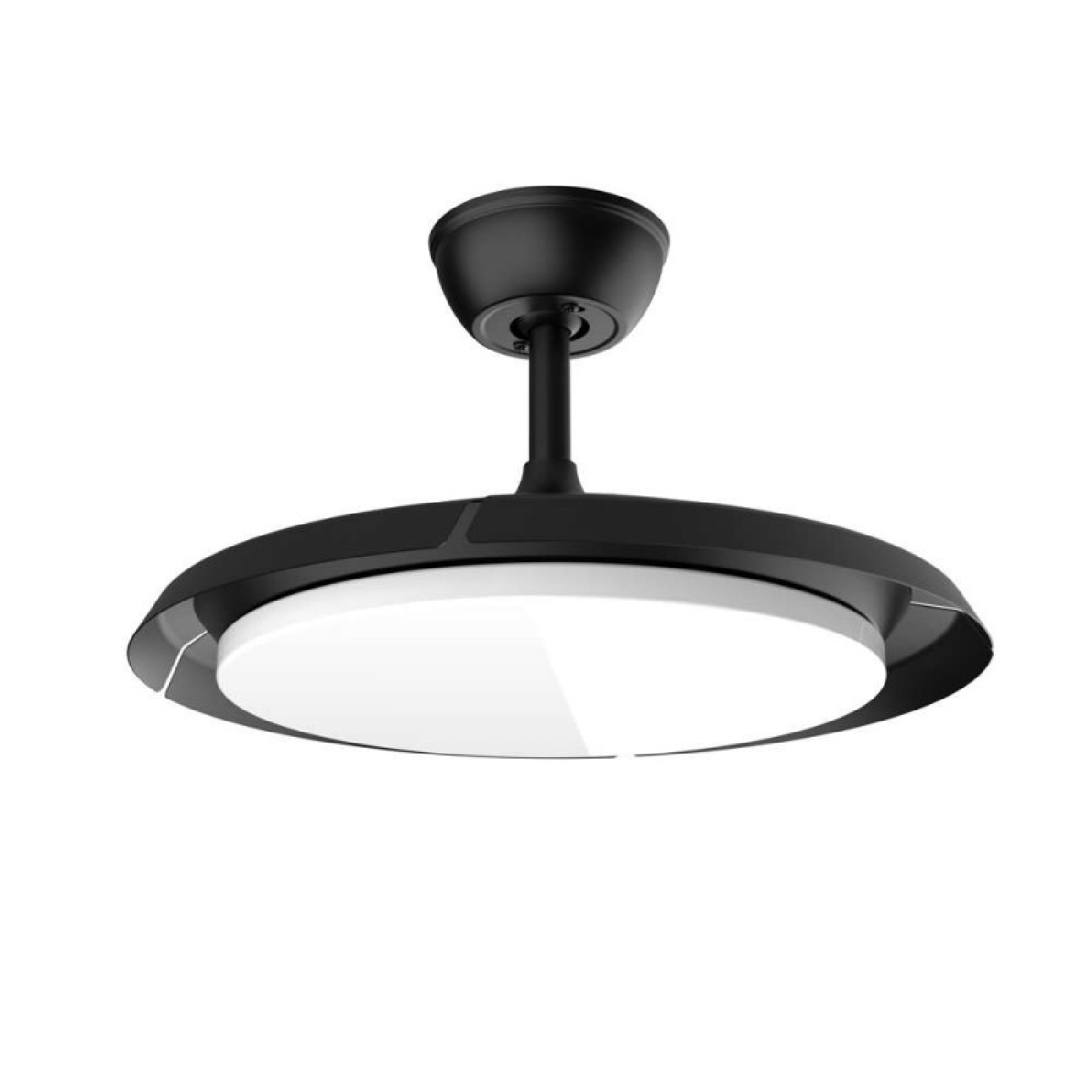 Ventilador de techo negro con luz blanca integrada.