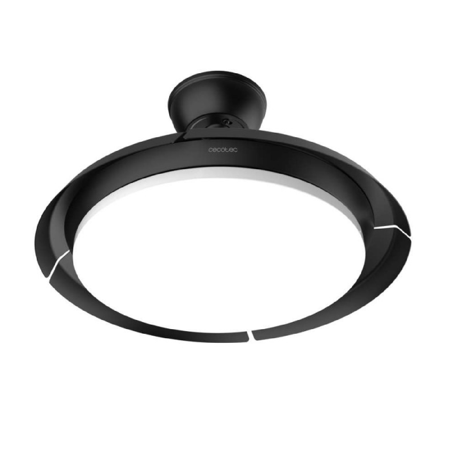 Ventilador de techo negro con luz anular integrada y logo de Cecotec.