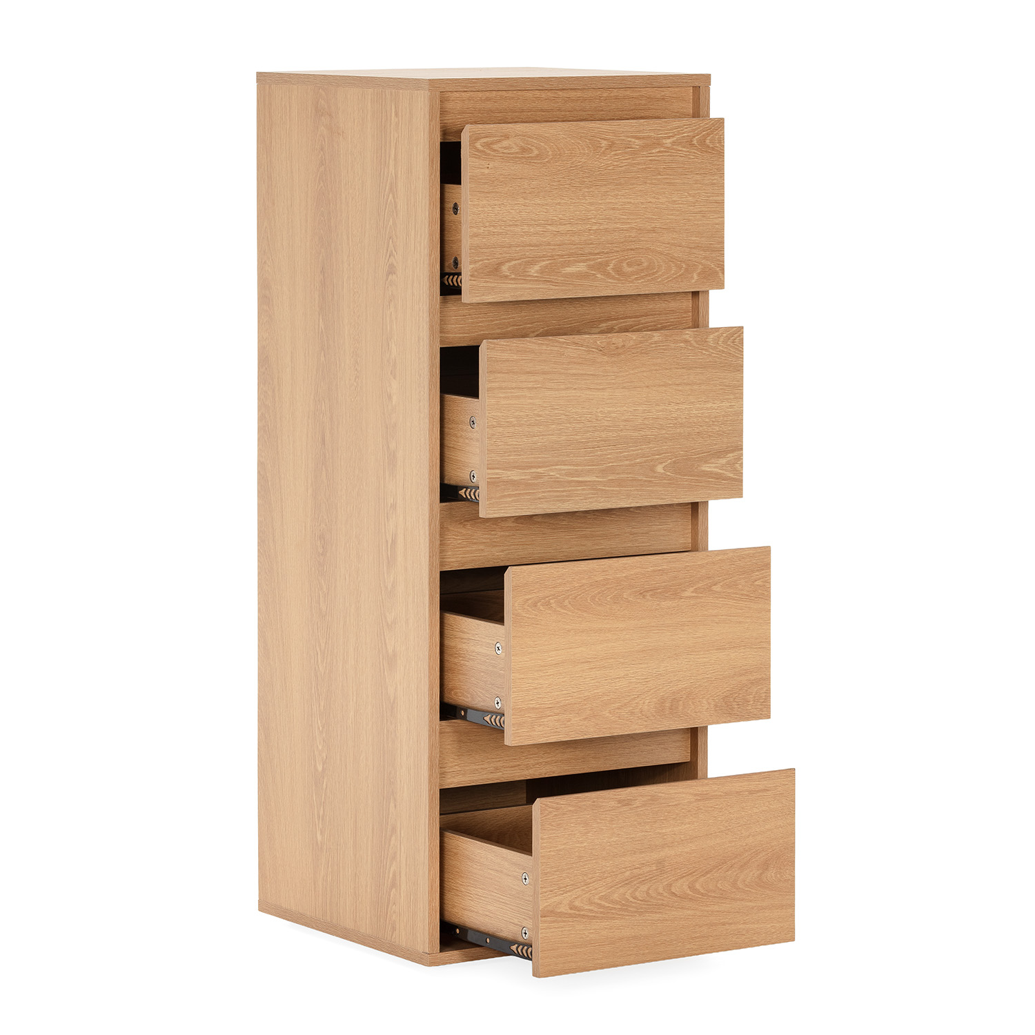 Un armario de madera estrecho y alto con cinco cajones, cuatro de ellos parcialmente abiertos.