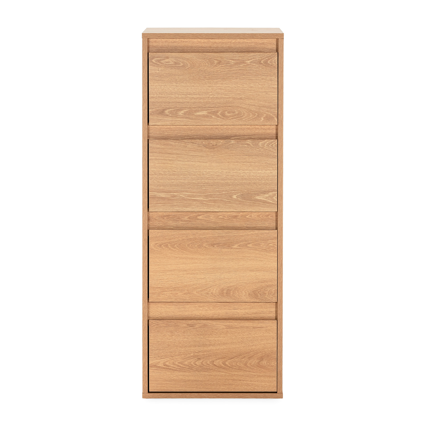 Un armario estrecho y alto de madera con cuatro frentes de cajón.