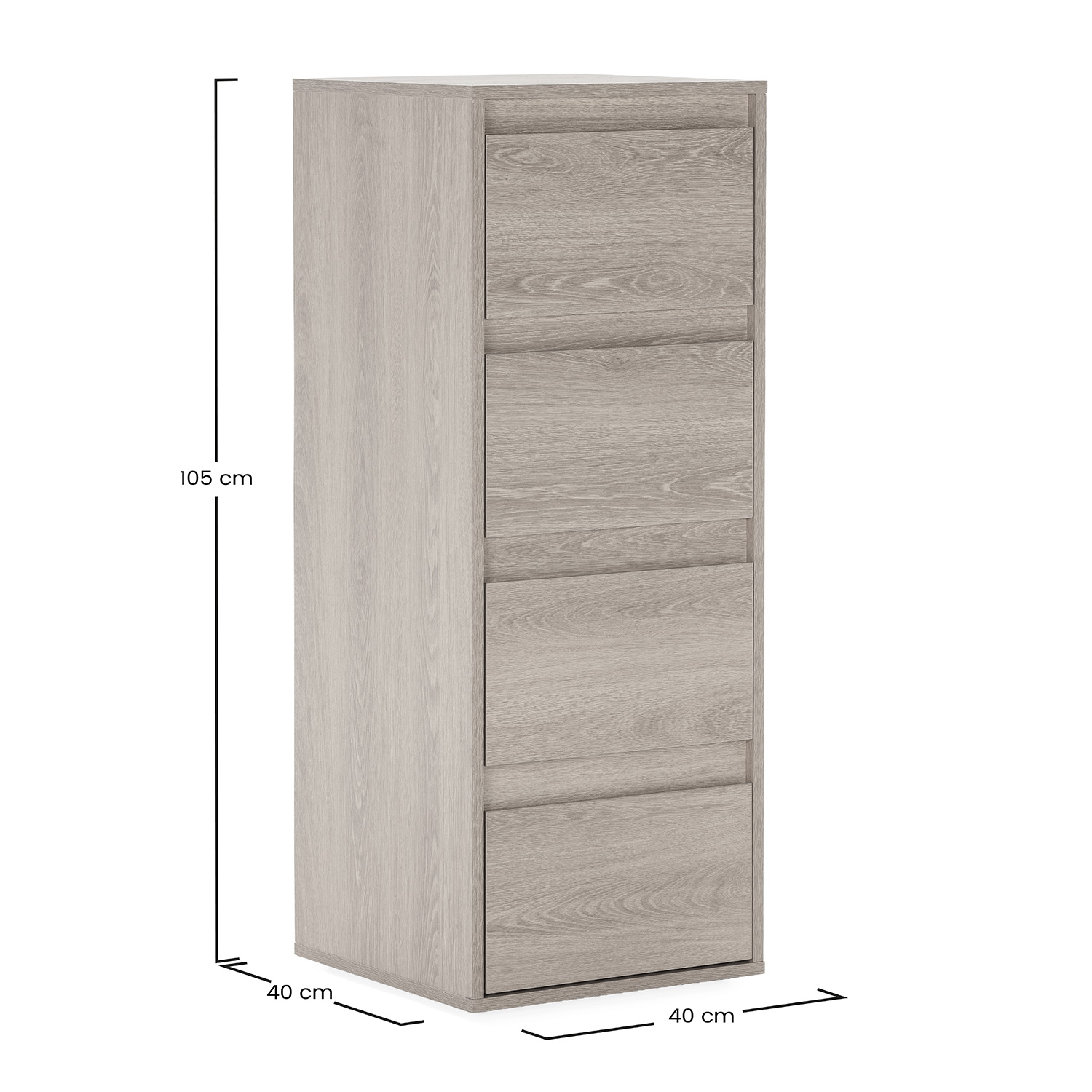 Un armario estrecho y alto de madera clara con cuatro cajones.