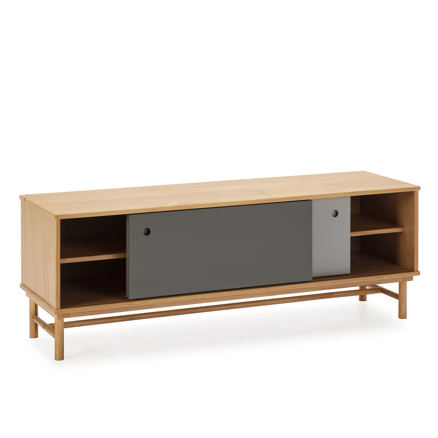 Un mueble de TV de madera clara con puerta corredera gris y estantes abiertos.