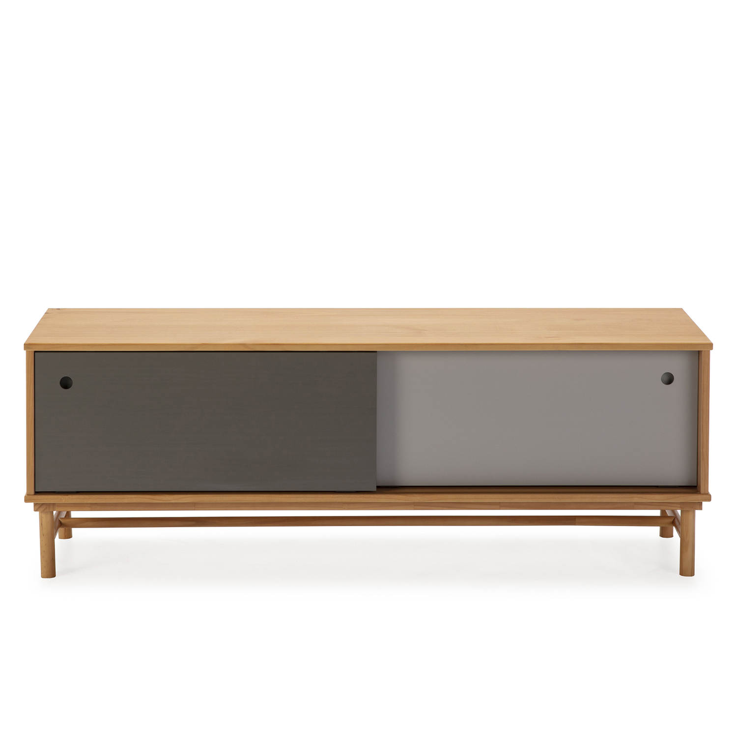 Un mueble de madera con dos puertas correderas, una gris oscuro, la otra gris claro.