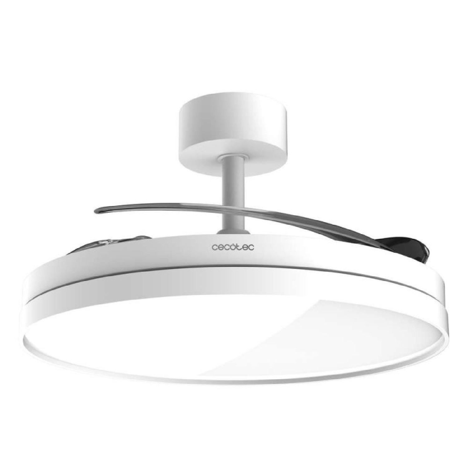 Luz de ventilador de techo blanca con aspas retráctiles y logo Cecotec.