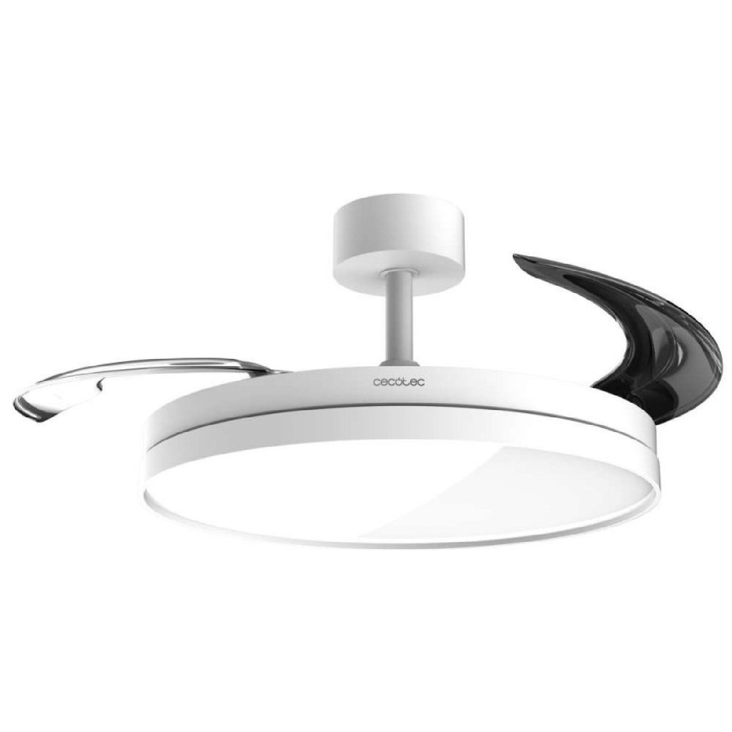 Un ventilador de techo blanco con luz LED circular integrada y tres aspas retráctiles, dos plateadas y una negra, sobre fondo blanco.
