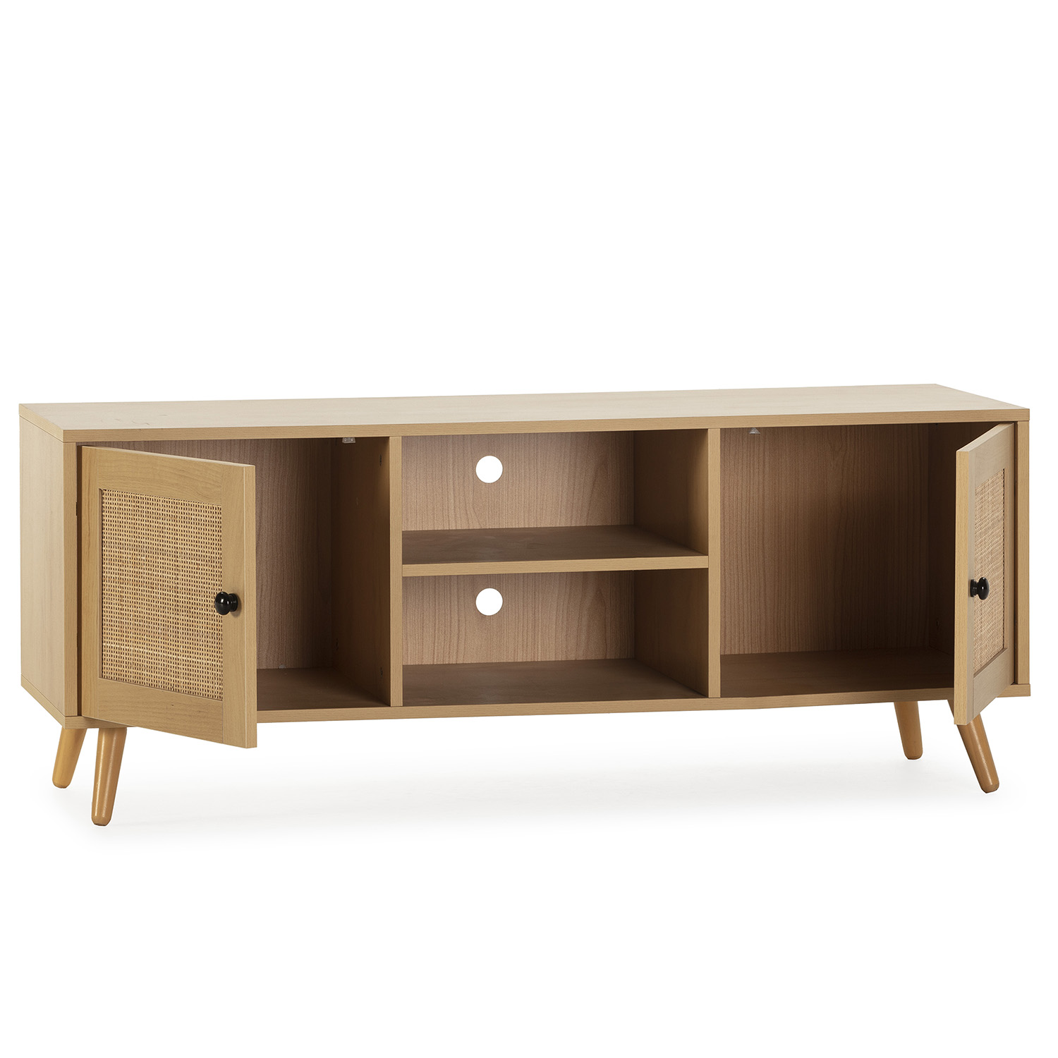Mueble de TV de madera clara con dos puertas, una de mimbre, y compartimentos abiertos.