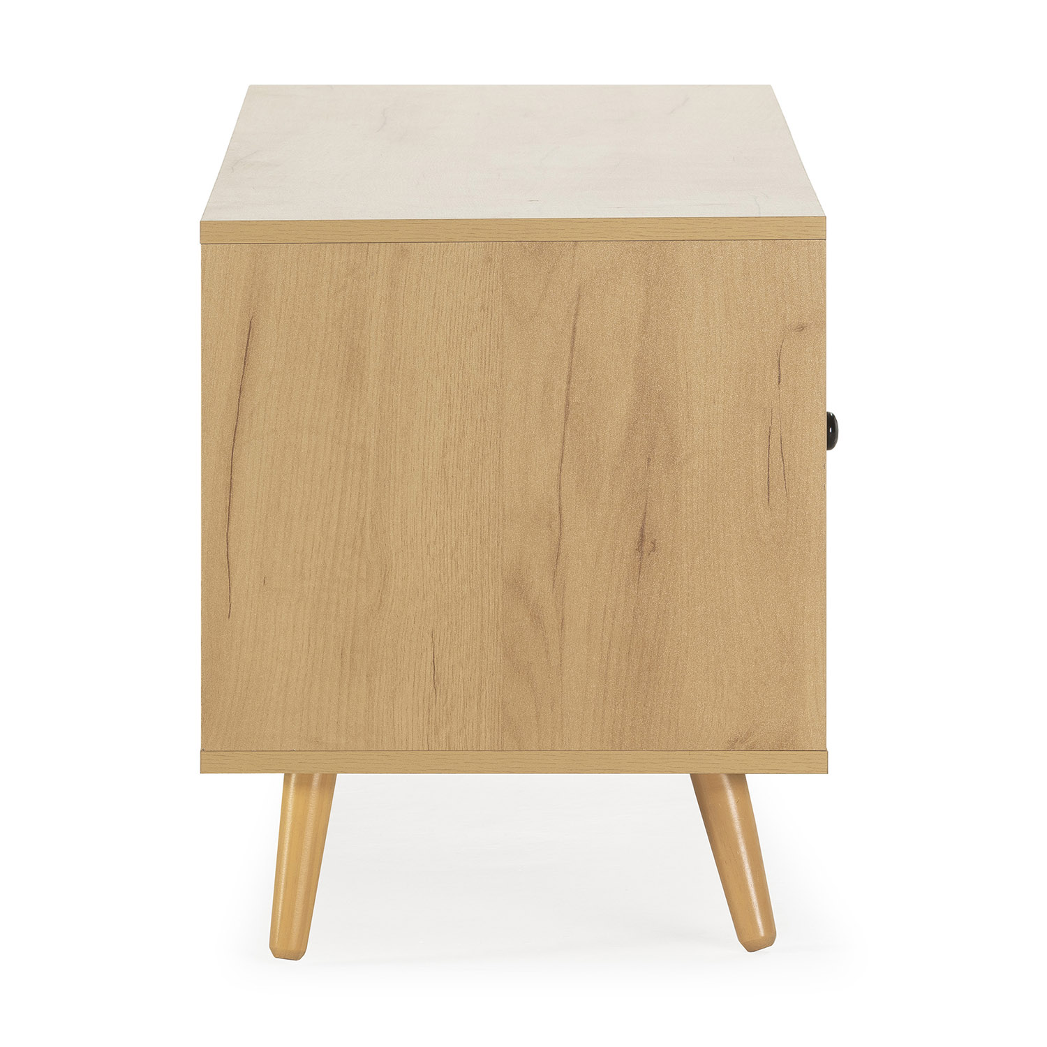 Un mueble de madera con tapa de mármol, sobre patas anguladas.