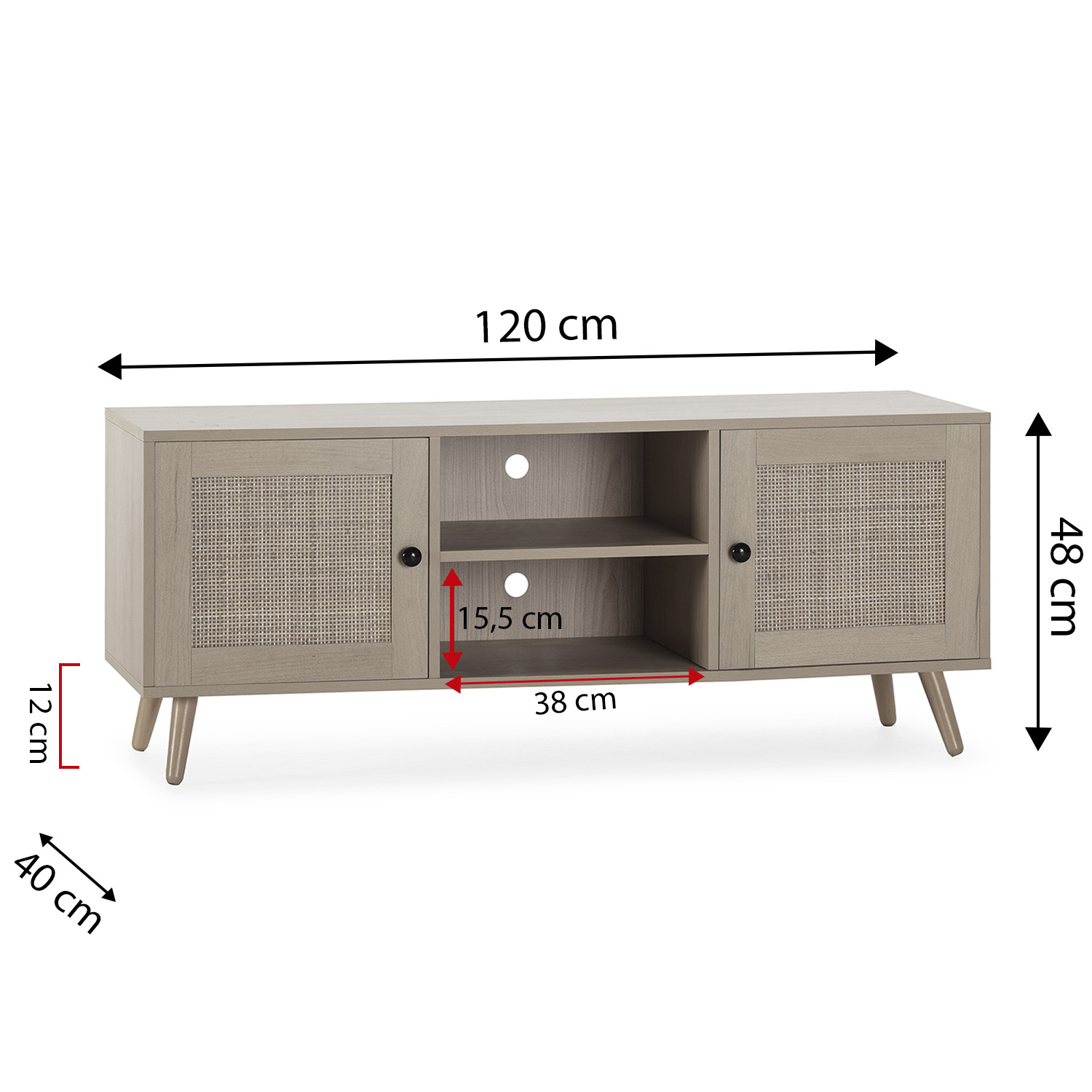 Mueble de TV de madera clara con puertas de caña, estante abierto y cajón.