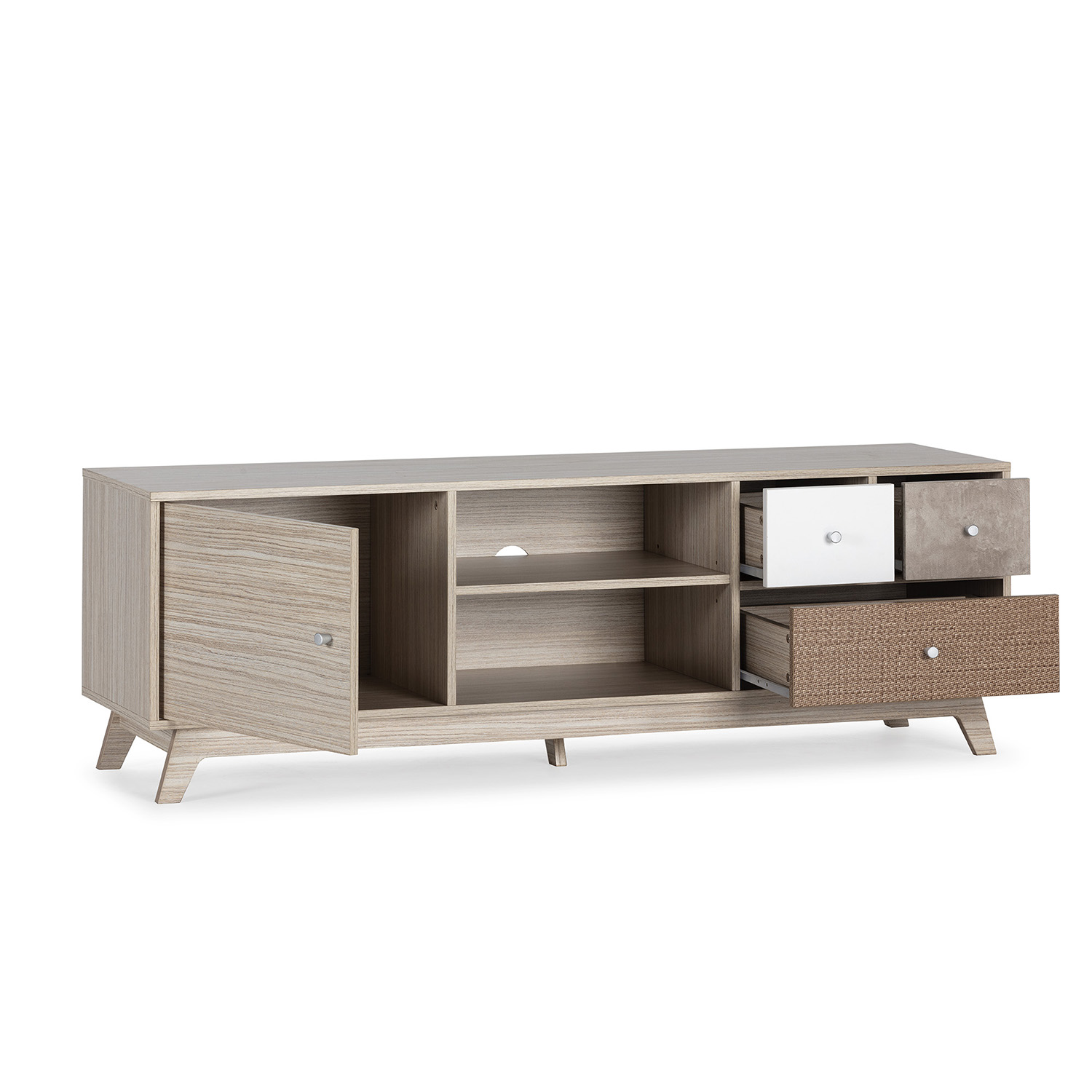 Un mueble de TV de madera clara con estantes abiertos y cajones, uno blanco, uno marrón texturizado.