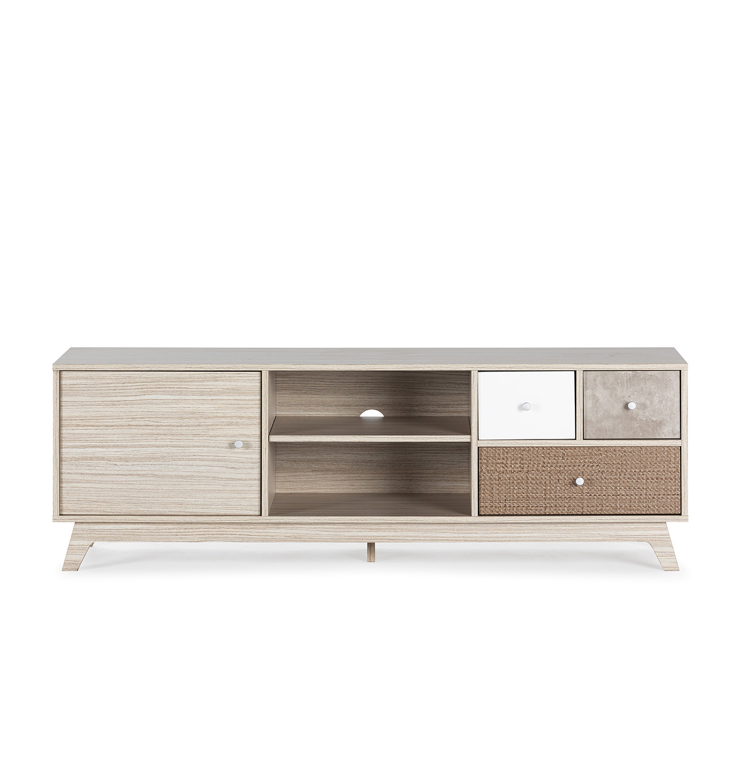 Un mueble de TV de madera clara con una puerta, estantes abiertos y cajones.