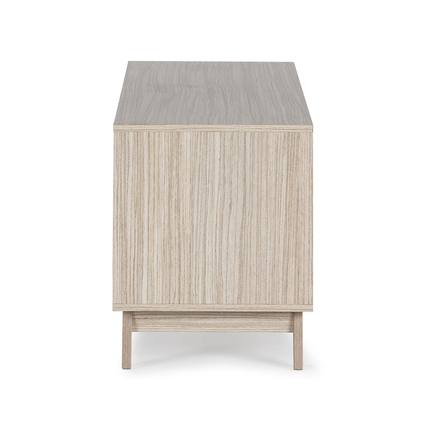 Un mueble de madera clara con veta vertical sobre patas blancas.