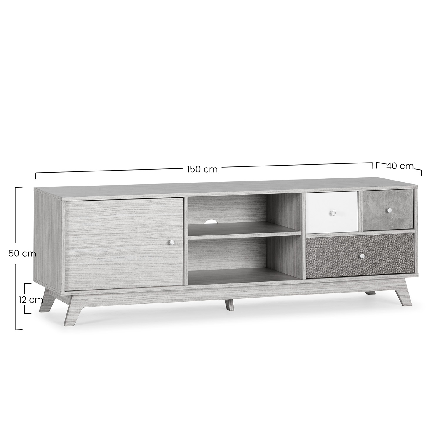 Mueble de TV gris con una puerta, estantes abiertos y dos cajones.