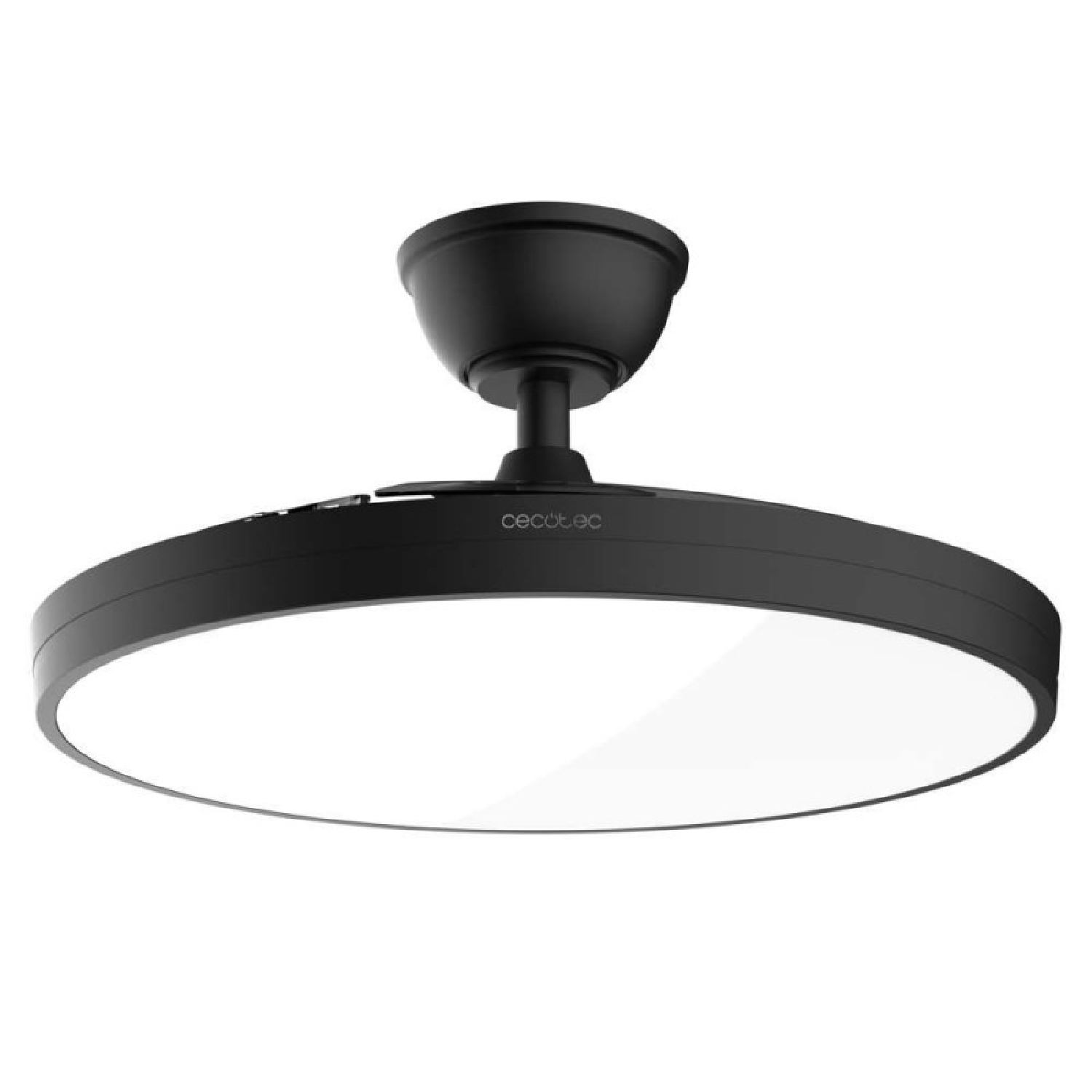Ventilador de techo negro con iluminación LED integrada y brillante.