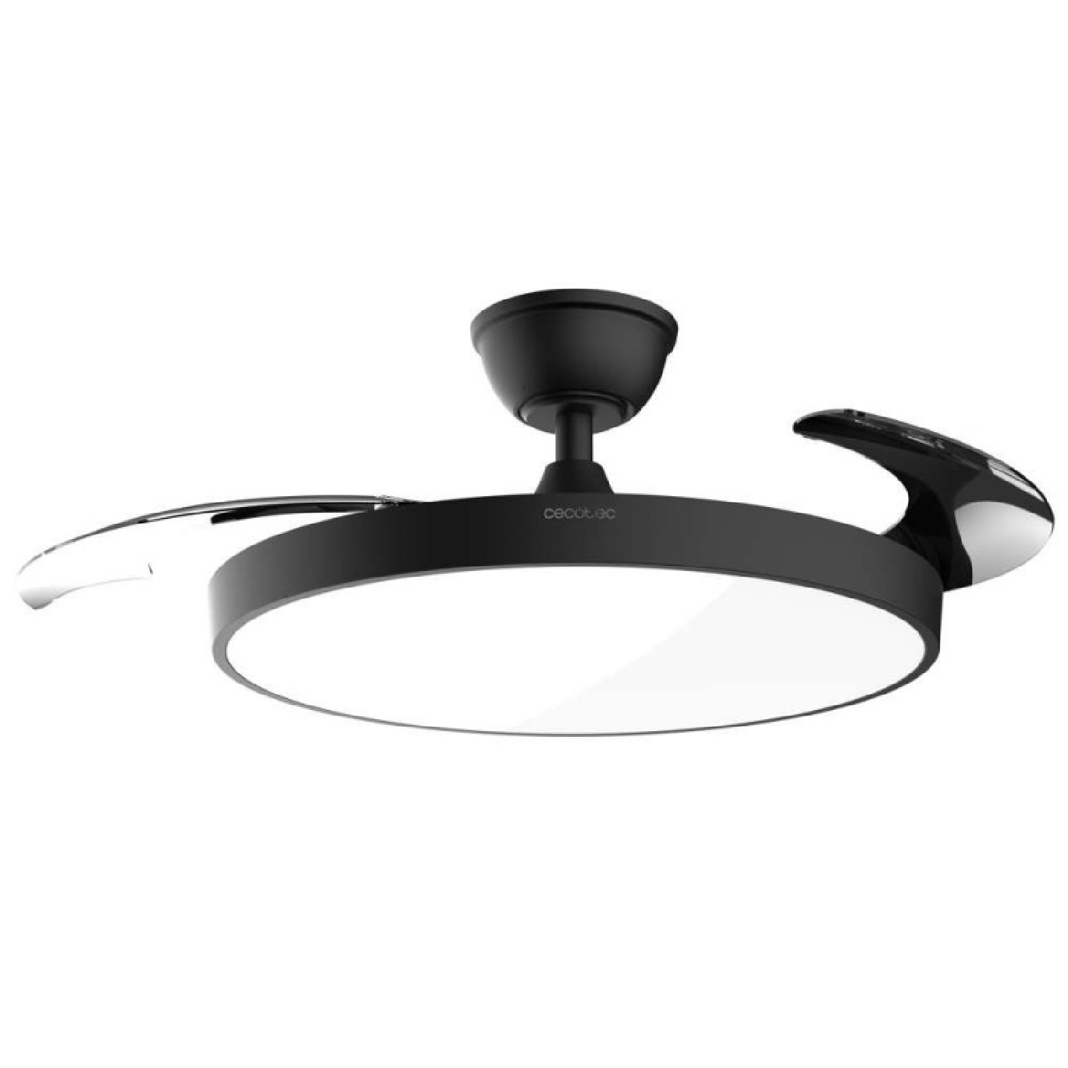Ventilador de techo negro con aspas retráctiles y luz integrada.