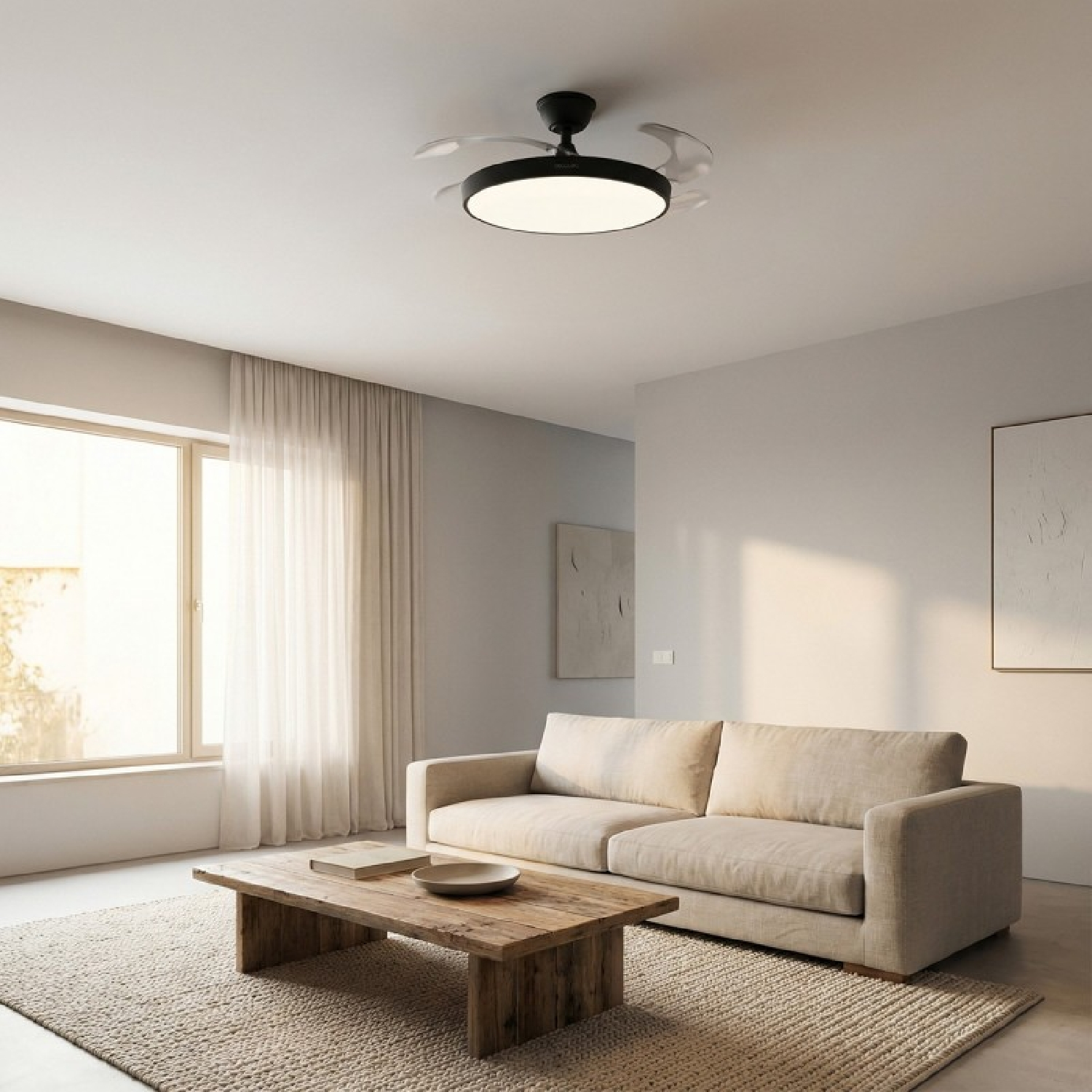 Una sala de estar con sofá, mesa de centro, alfombra, ventana y ventilador de techo.