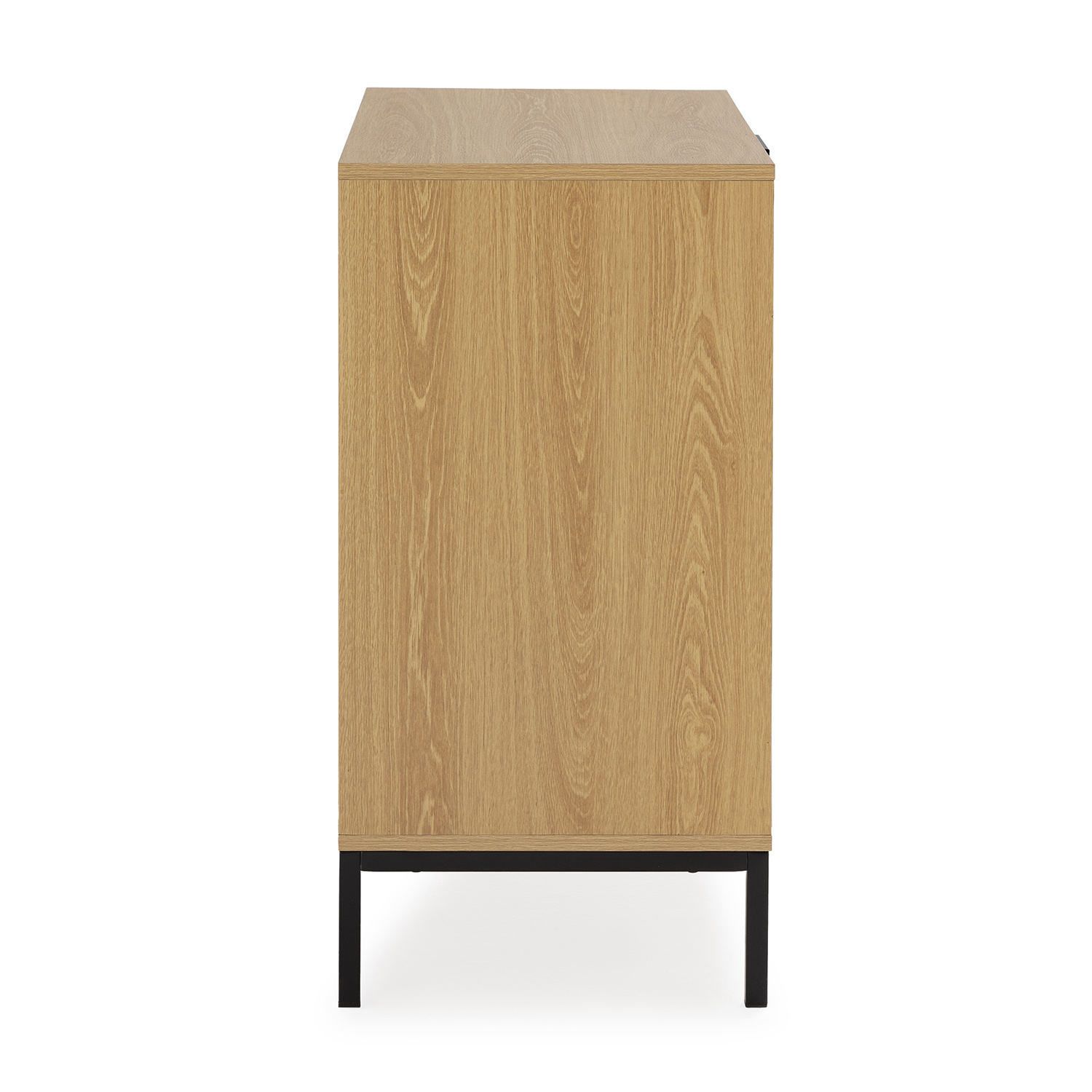 Un mueble de madera clara con patas de metal negro, visto de lado.