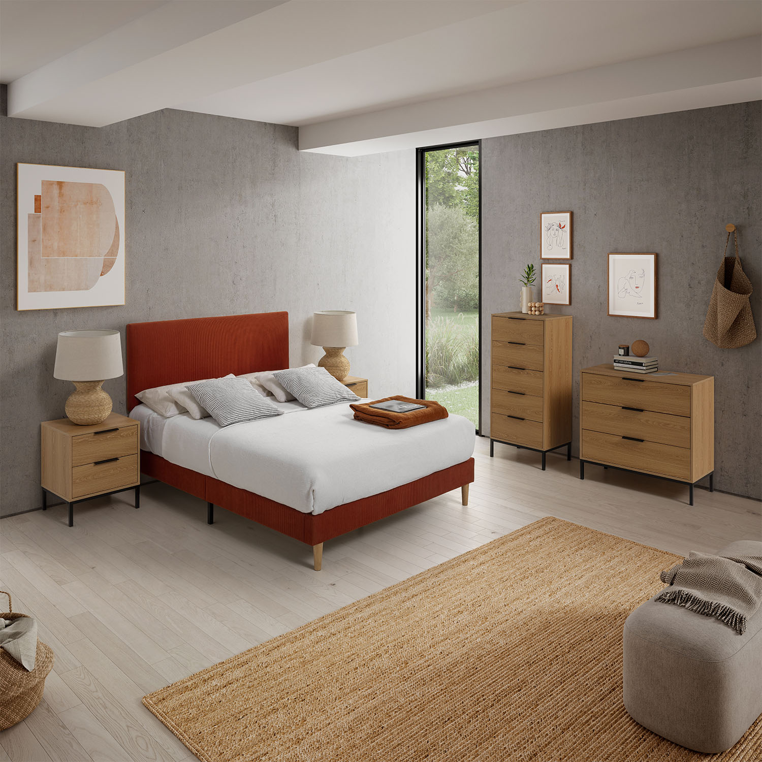 Un dormitorio moderno con cama naranja, muebles de madera y paredes grises.
