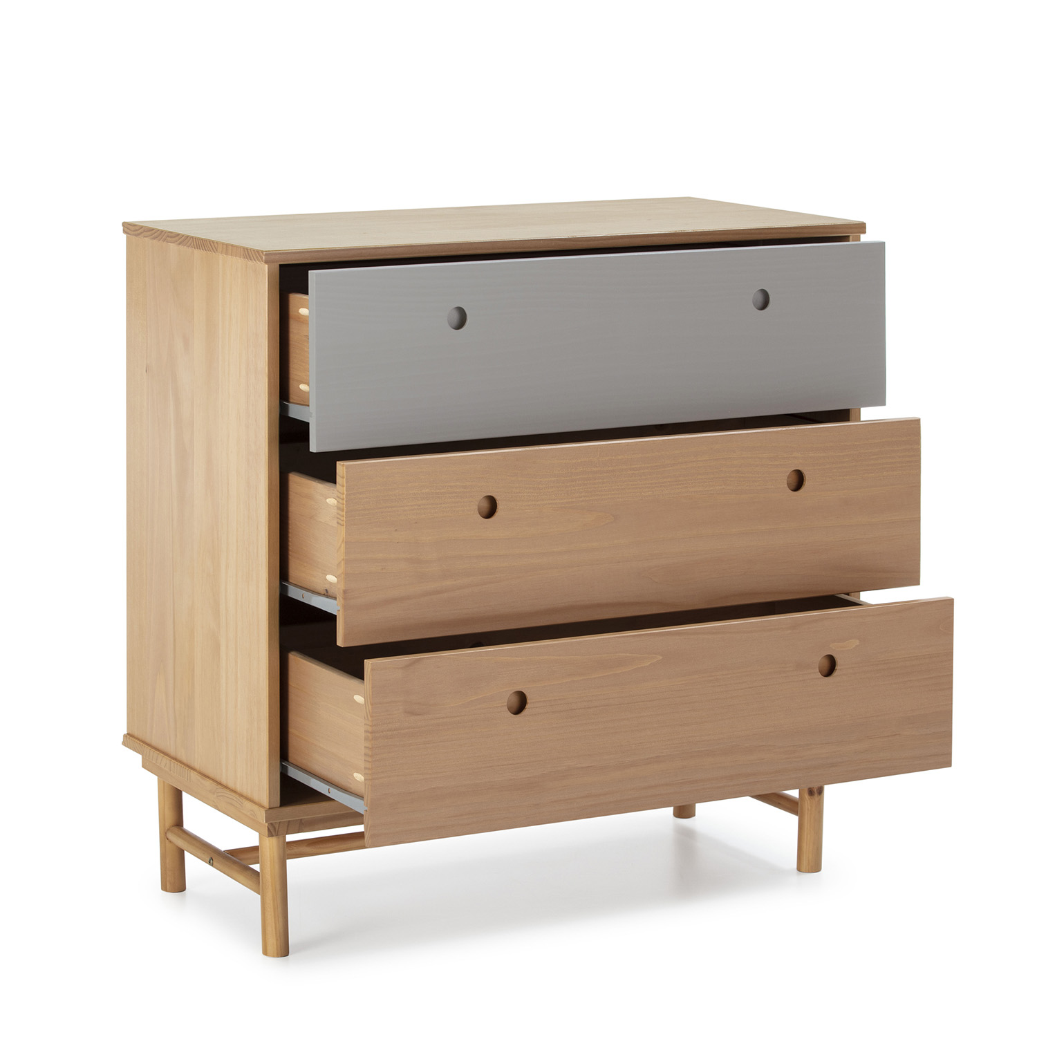 Cómoda de madera con tres cajones, uno gris, de pie sobre patas.
