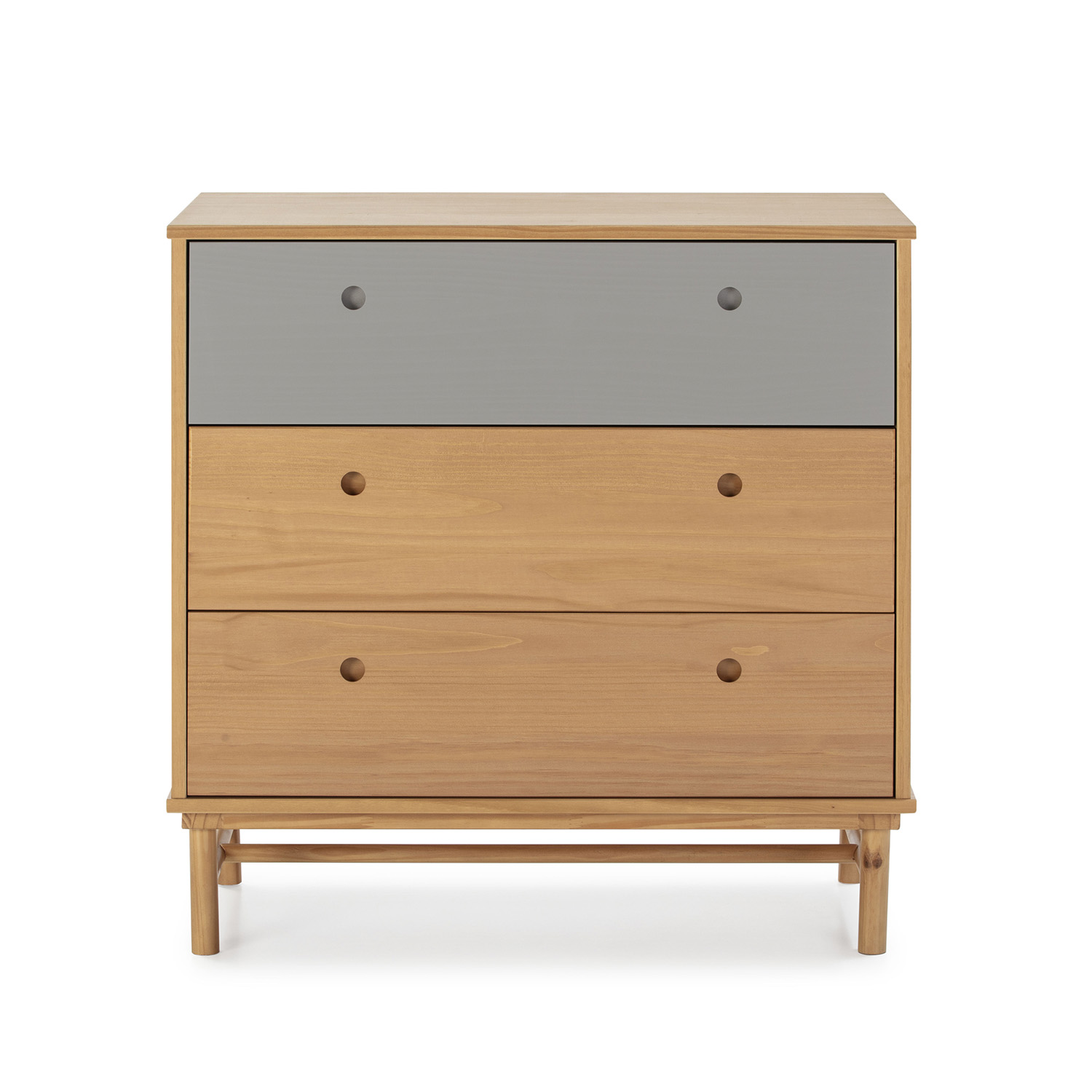 Cómoda de madera con dos cajones inferiores y uno gris arriba.