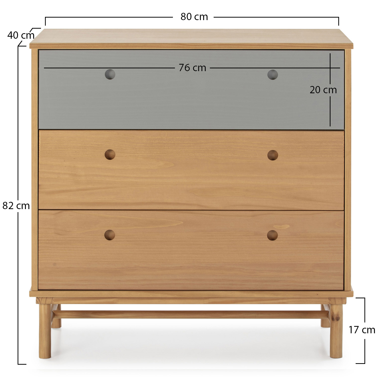 Cómoda de madera con un cajón superior gris y dos cajones de madera natural debajo.