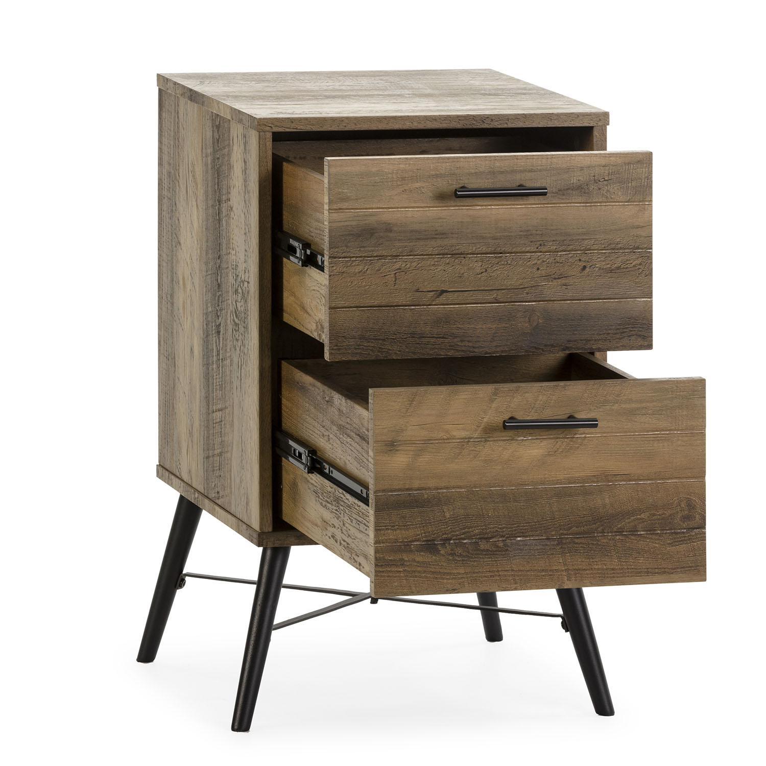 Cómoda de madera con dos cajones sobre patas negras delgadas.