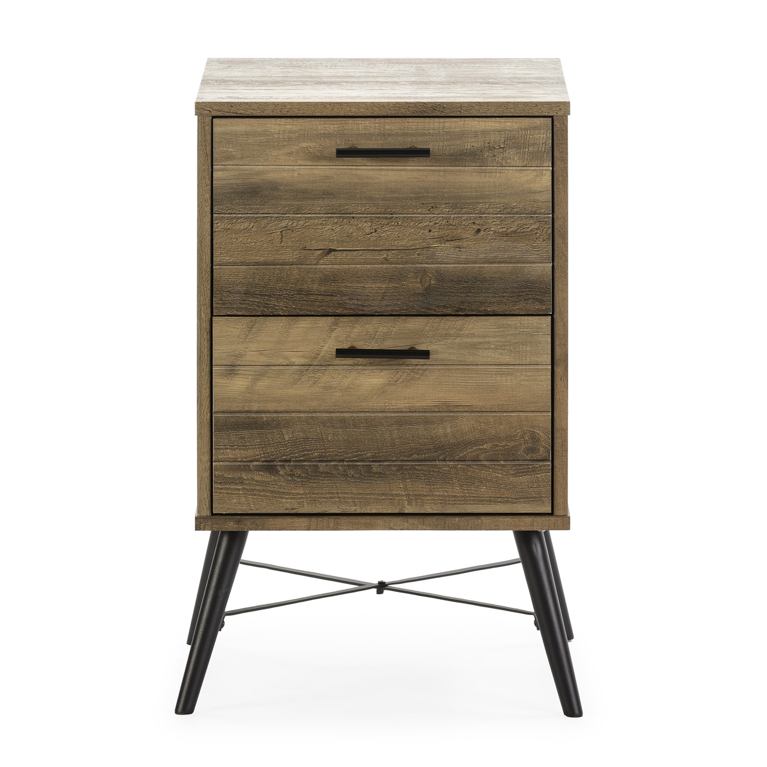 Una cómoda de madera con dos cajones y patas negras.