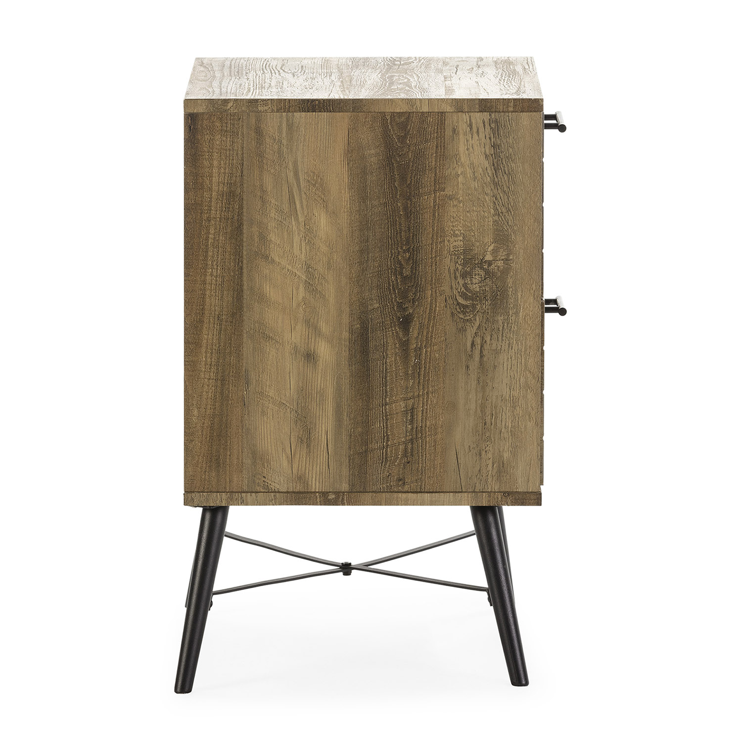 Cómoda de madera marrón con patas de metal negro. La superficie superior es más clara.
