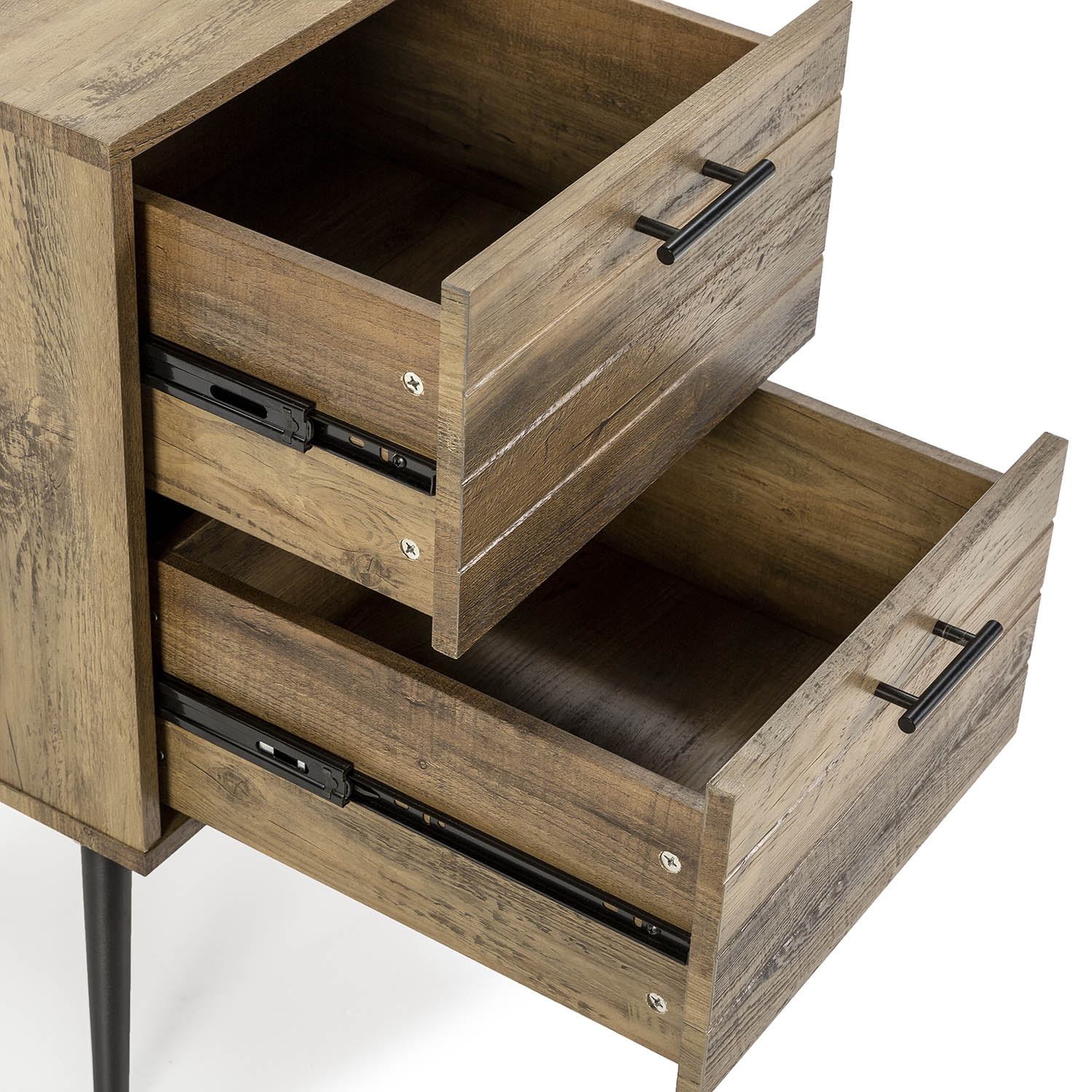 Cómoda de madera con dos cajones abiertos y tiradores negros sobre fondo blanco.