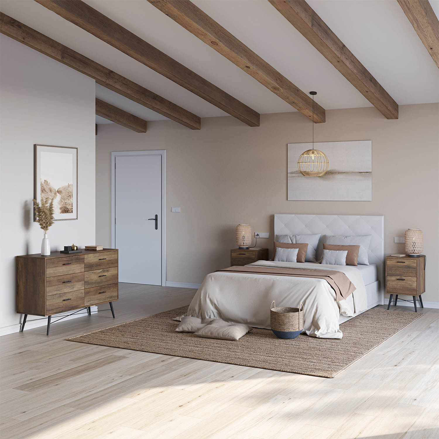 Un dormitorio con vigas de madera en el techo, una cama, mesitas de noche y una cómoda.