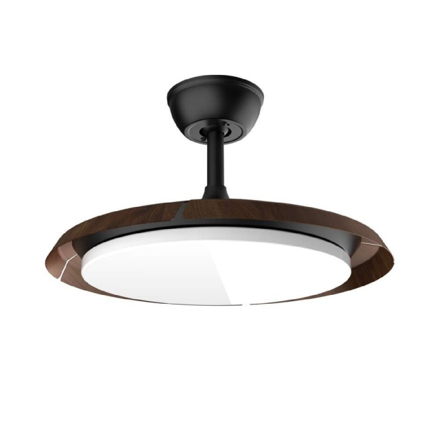 Ventilador de techo negro con ribete de madera y luz brillante.