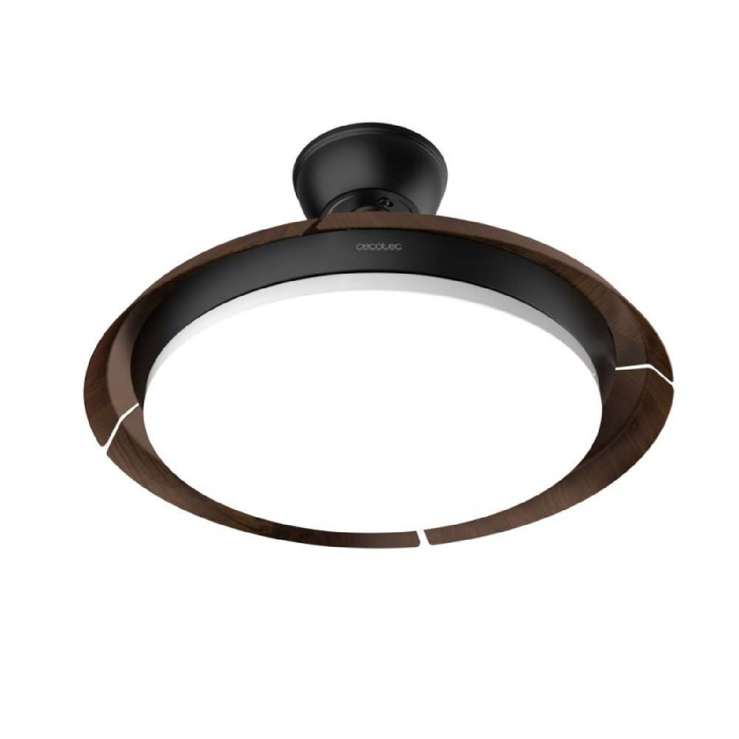 Ventilador de techo negro con borde de madera e iluminación integrada.